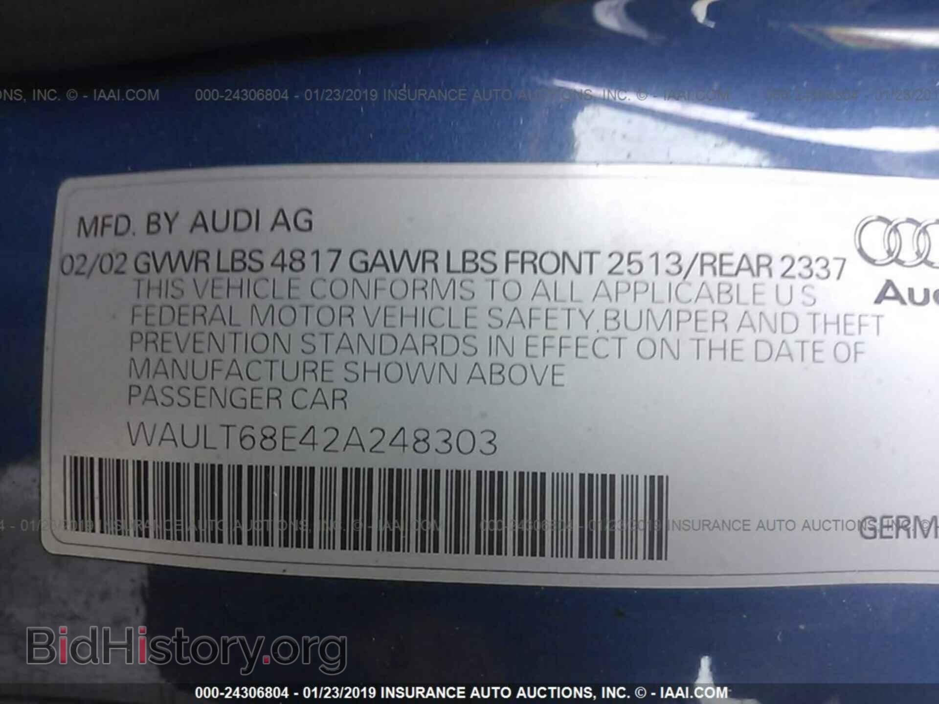 2002 AUDI A4 - VIN: WAULT68E42A248303 - Фото 9