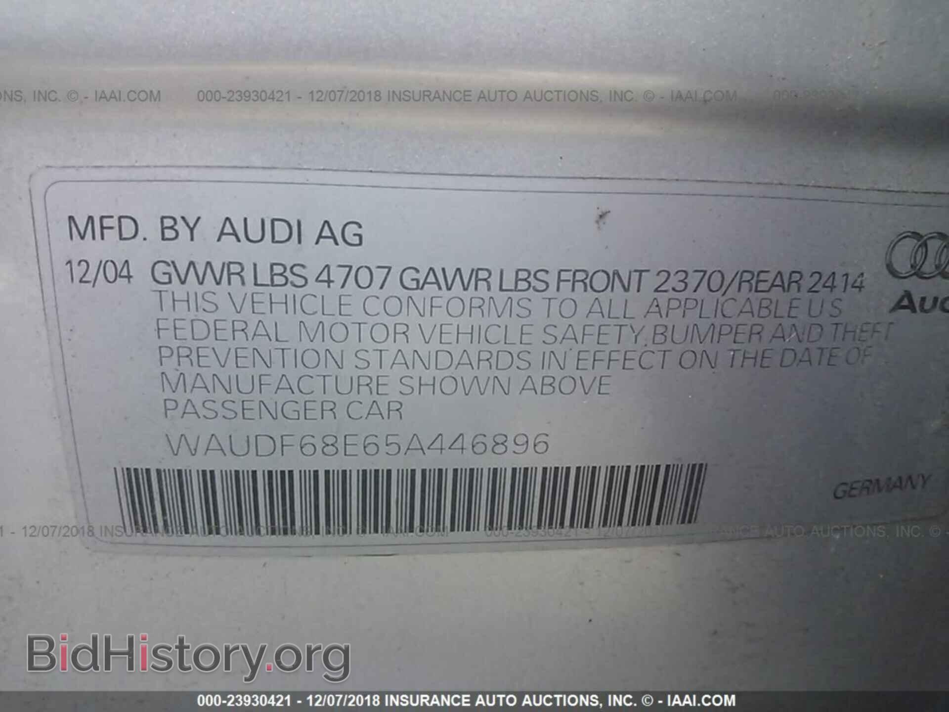 2005 AUDI A4 - VIN: WAUDF68E65A446896 - Фото 9