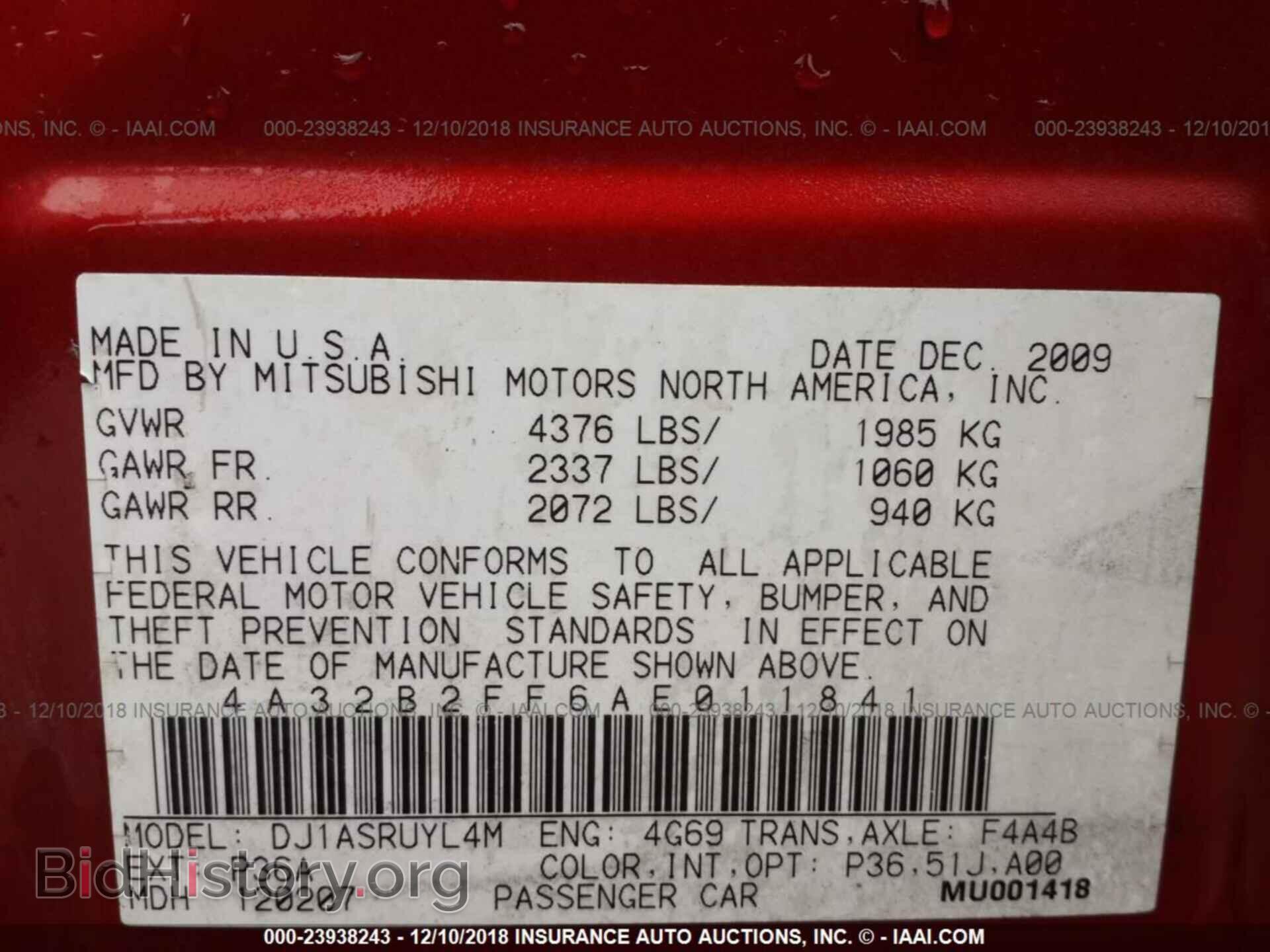 2010 MITSUBISHI GALANT - VIN: 4A32B2FF6AE011841 - Фото 9