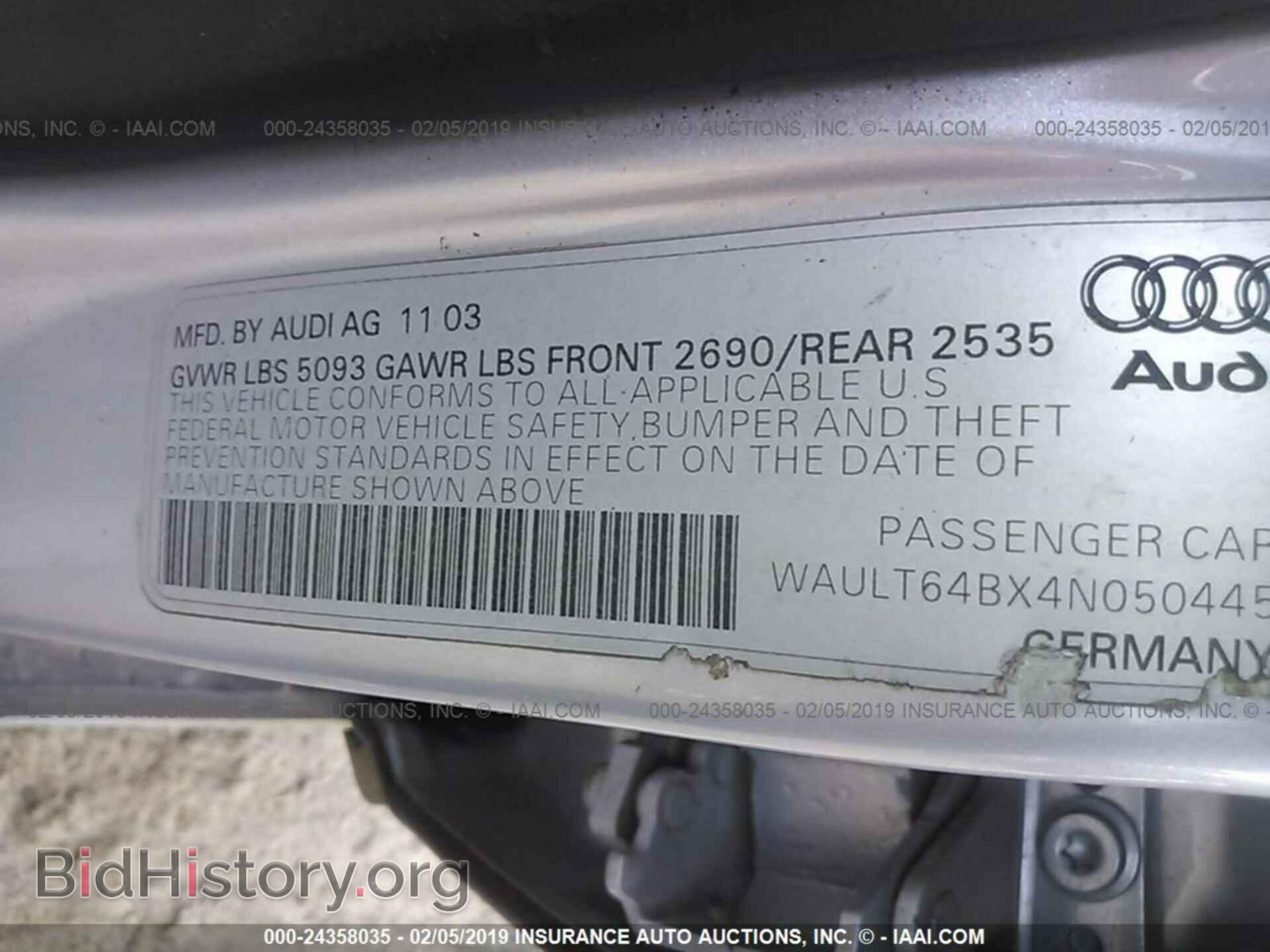 2004 AUDI A6 - VIN: WAULT64BX4N050445 - Фото 9