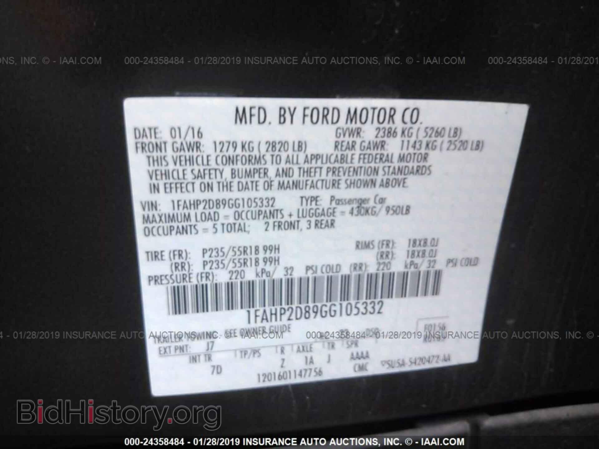 2016 FORD TAURUS - VIN: 1FAHP2D89GG105332 - Фото 9
