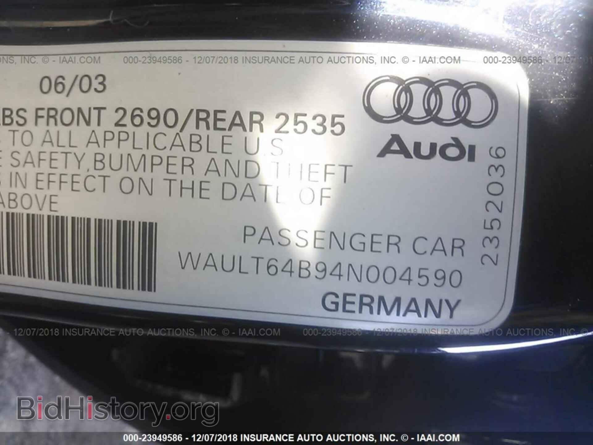 2004 AUDI A6 - VIN: WAULT64B94N004590 - Фото 9