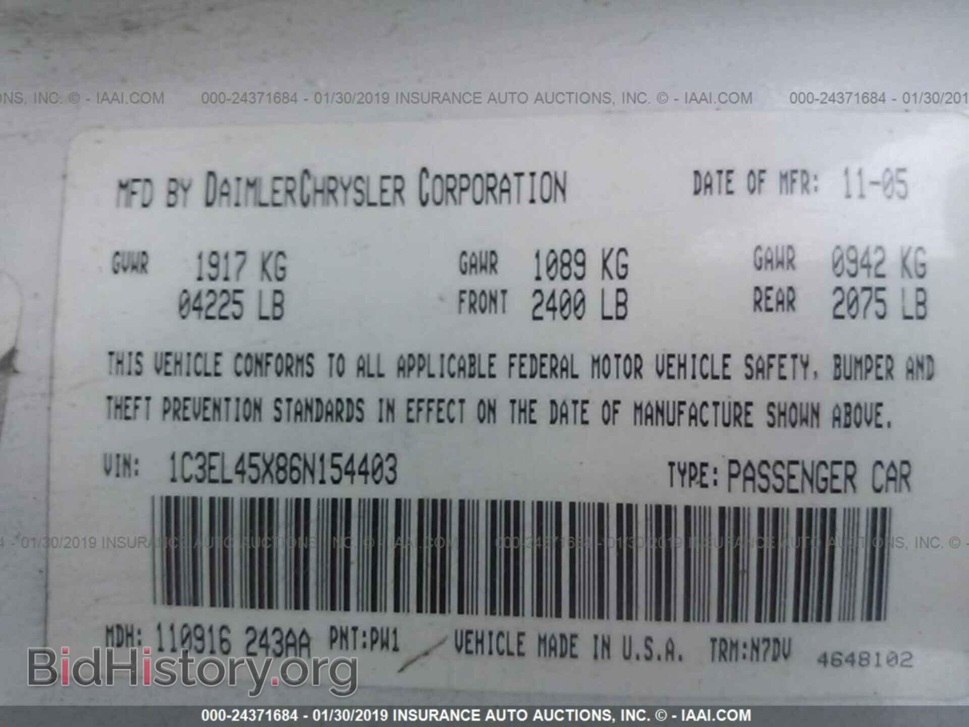 2006 CHRYSLER SEBRING - VIN: 1C3EL45X86N154403 - Фото 9