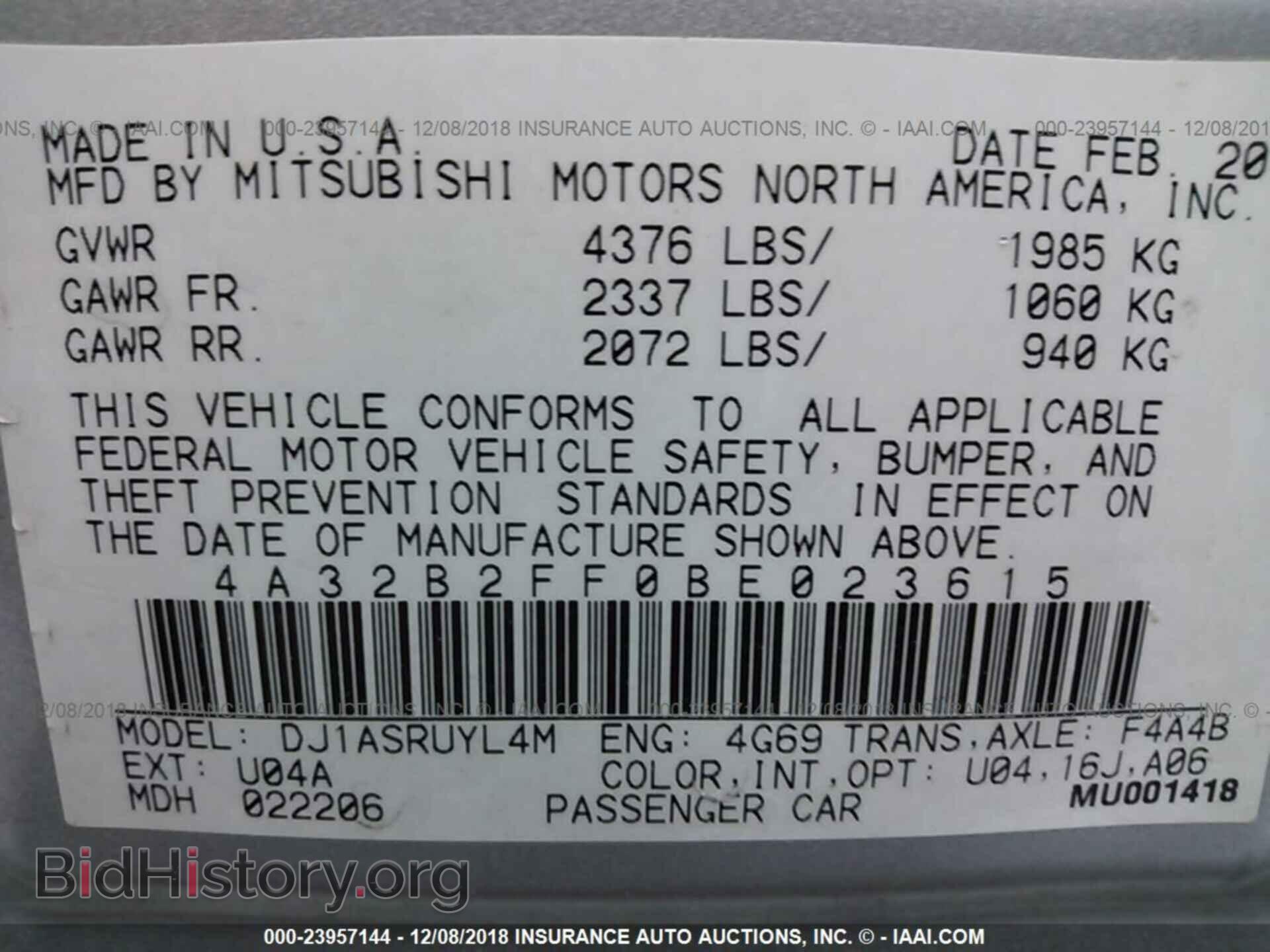 2011 MITSUBISHI GALANT - VIN: 4A32B2FF0BE023615 - Фото 9