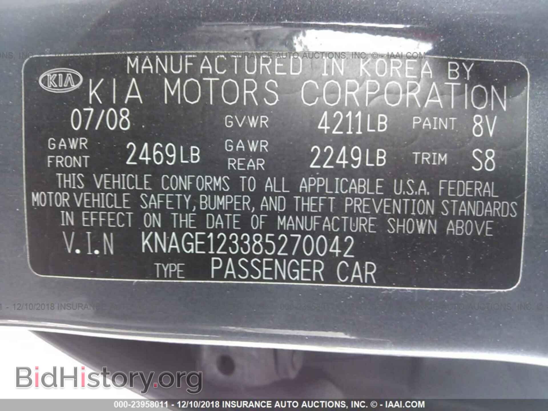 2008 KIA OPTIMA - VIN: KNAGE123385270042 - Фото 9