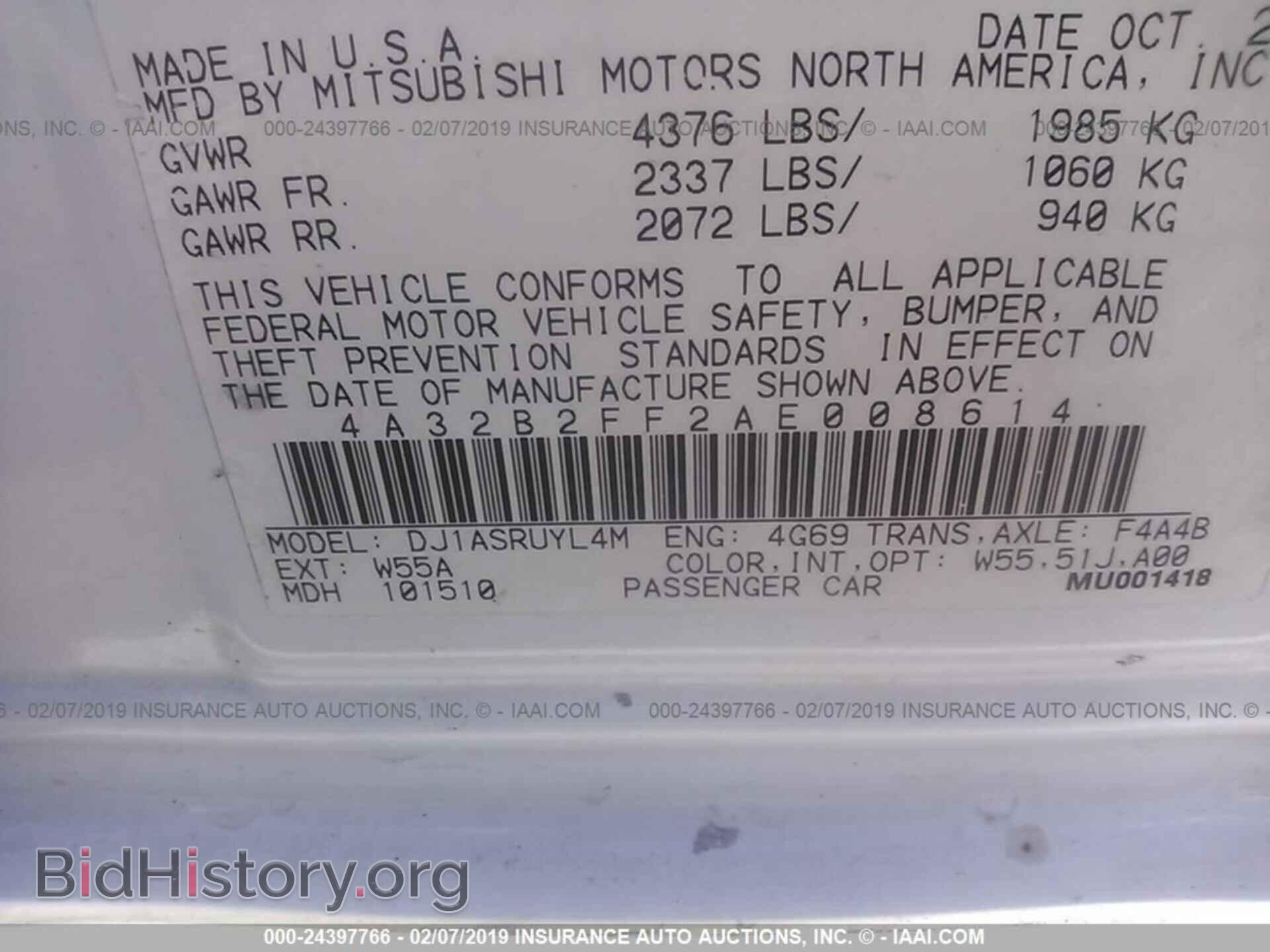2010 MITSUBISHI GALANT - VIN: 4A32B2FF2AE008614 - Фото 9