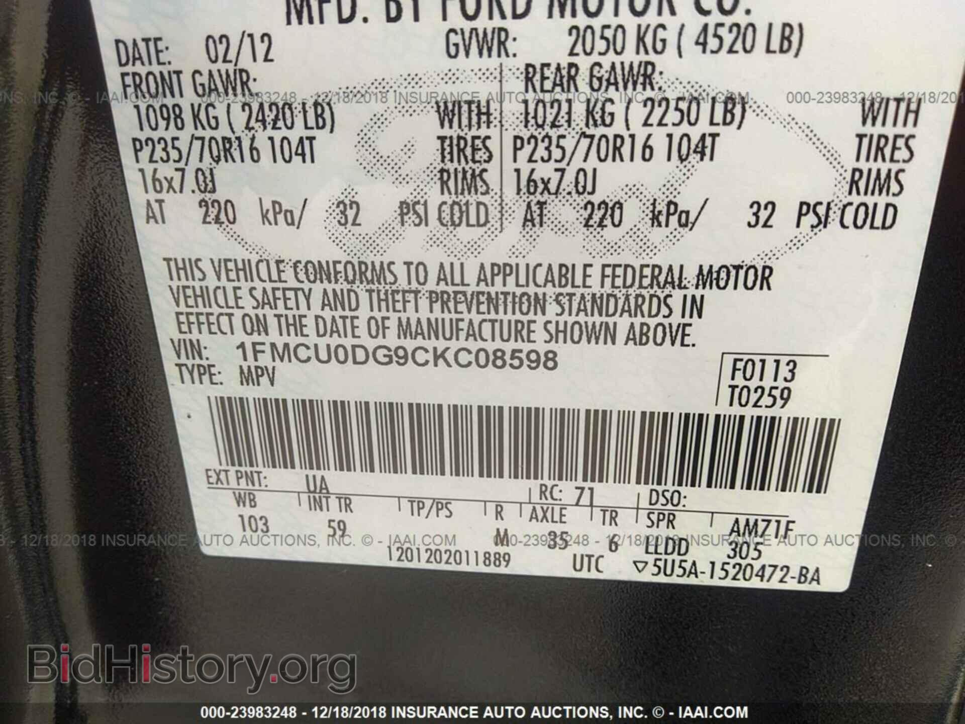 2012 FORD ESCAPE - VIN: 1FMCU0DG9CKC08598 - Photo 9