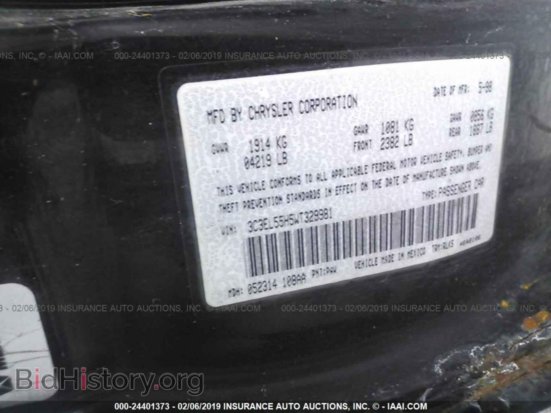 1998 CHRYSLER SEBRING - VIN: 3C3EL55H5WT329981 - Фото 9