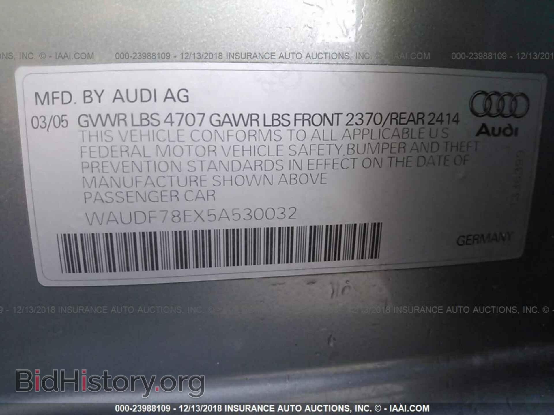 2005 AUDI A4 - VIN: WAUDF78EX5A530032 - Фото 9