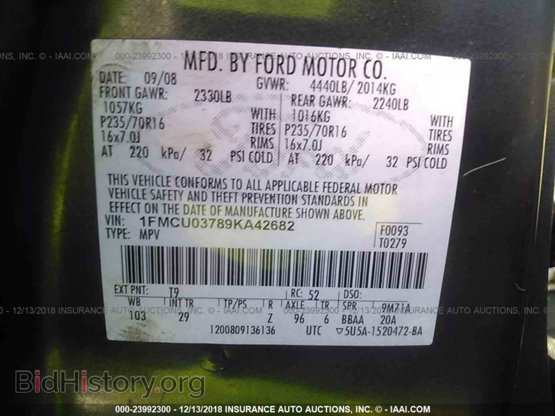 2009 FORD ESCAPE - VIN: 1FMCU03789KA42682 - Фото 9