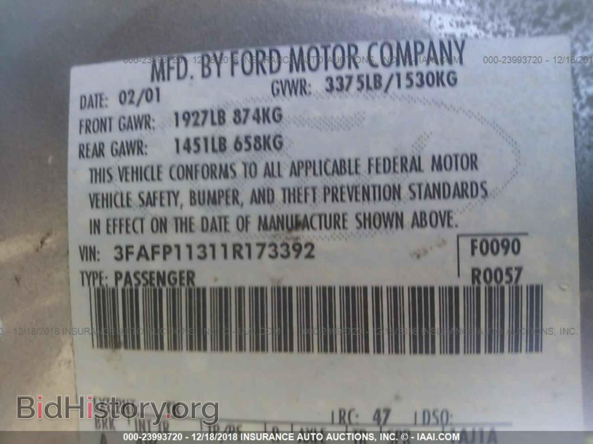 2001 FORD ESCORT - VIN: 3FAFP11311R173392 - Фото 9