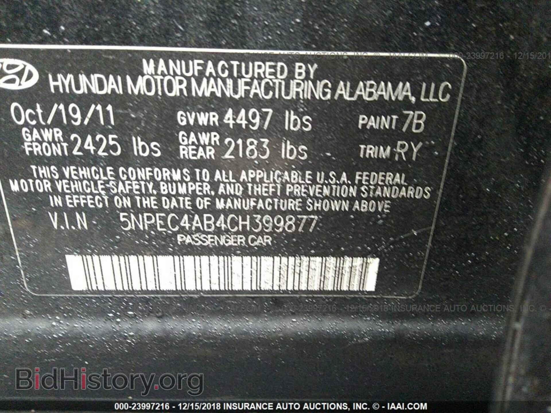 2012 HYUNDAI SONATA - VIN: 5NPEC4AB4CH399877 - Фото 9