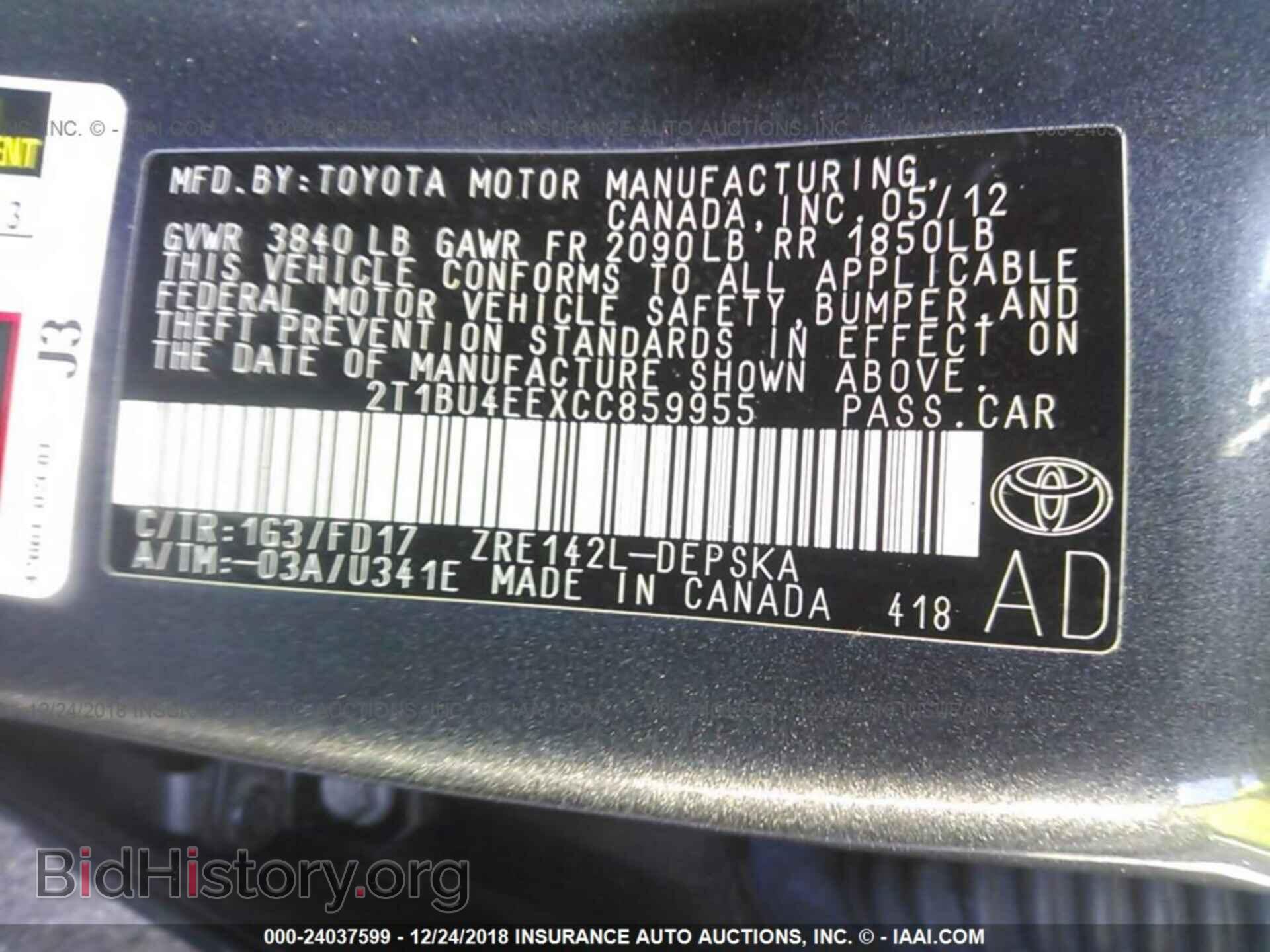 2012 TOYOTA COROLLA - VIN: 2T1BU4EEXCC859955 - Фото 9