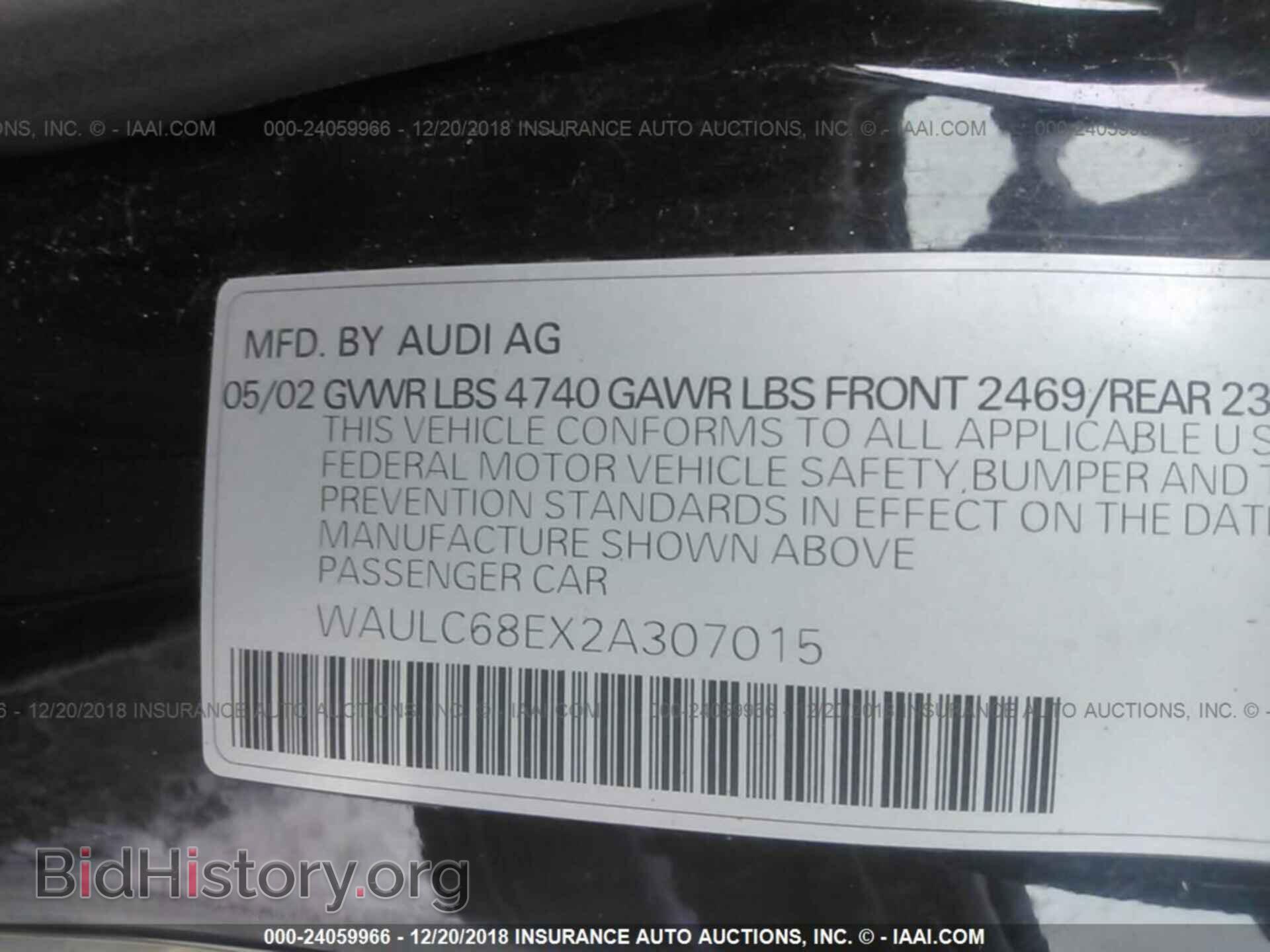 2002 AUDI A4 - VIN: WAULC68EX2A307015 - Фото 9