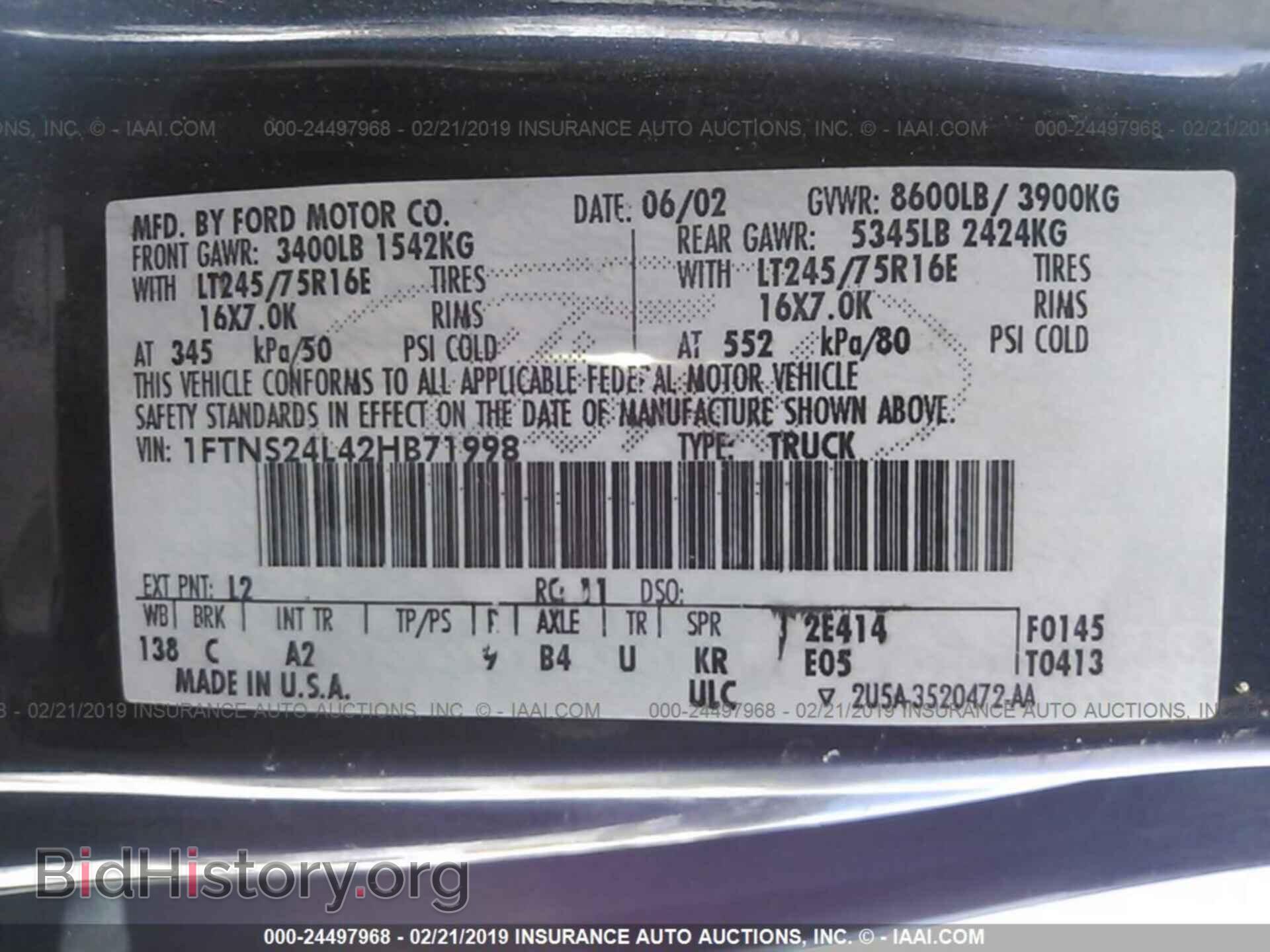 2002 FORD ECONOLINE - VIN: 1FTNS24L42HB71998 - Фото 9
