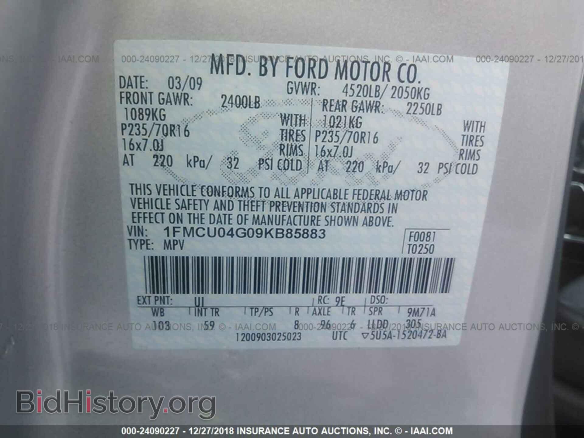 2009 FORD ESCAPE - VIN: 1FMCU04G09KB85883 - Фото 9