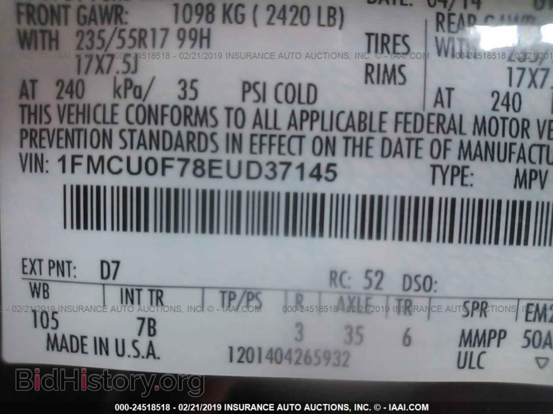 2014 FORD ESCAPE - VIN: 1FMCU0F78EUD37145 - Фото 9