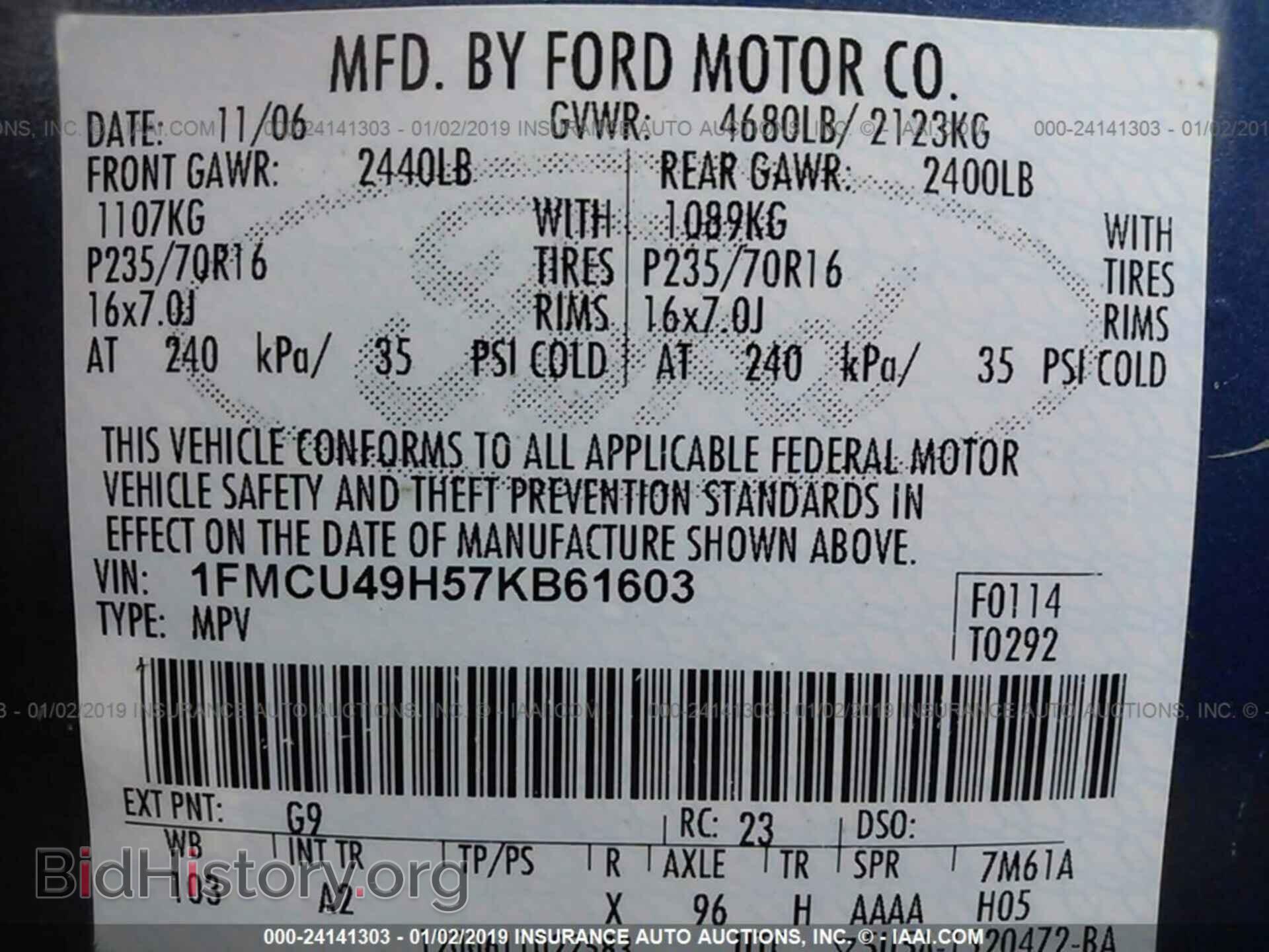 2007 FORD ESCAPE - VIN: 1FMCU49H57KB61603 - Фото 9