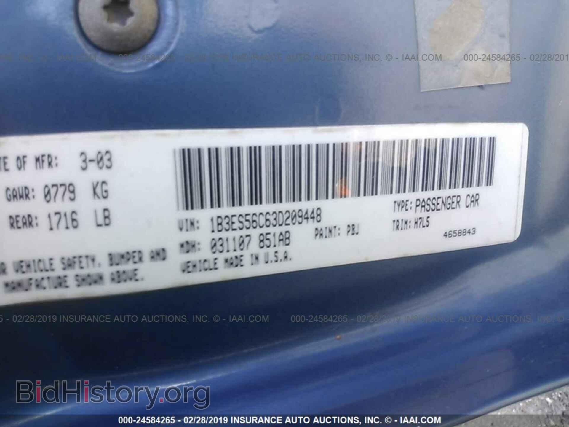 2003 DODGE NEON - VIN: 1B3ES56C63D209448 - Фото 9