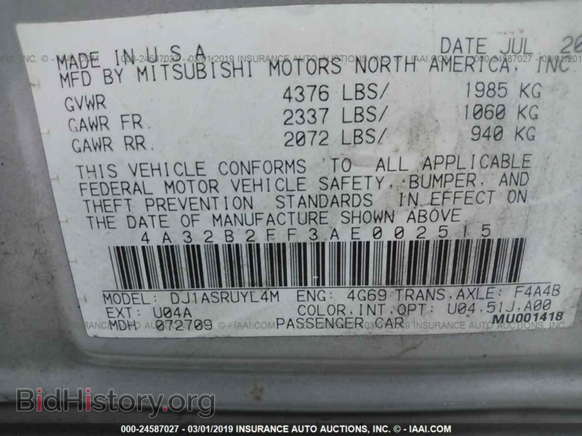 2010 MITSUBISHI GALANT - VIN: 4A32B2FF3AE002515 - Фото 9