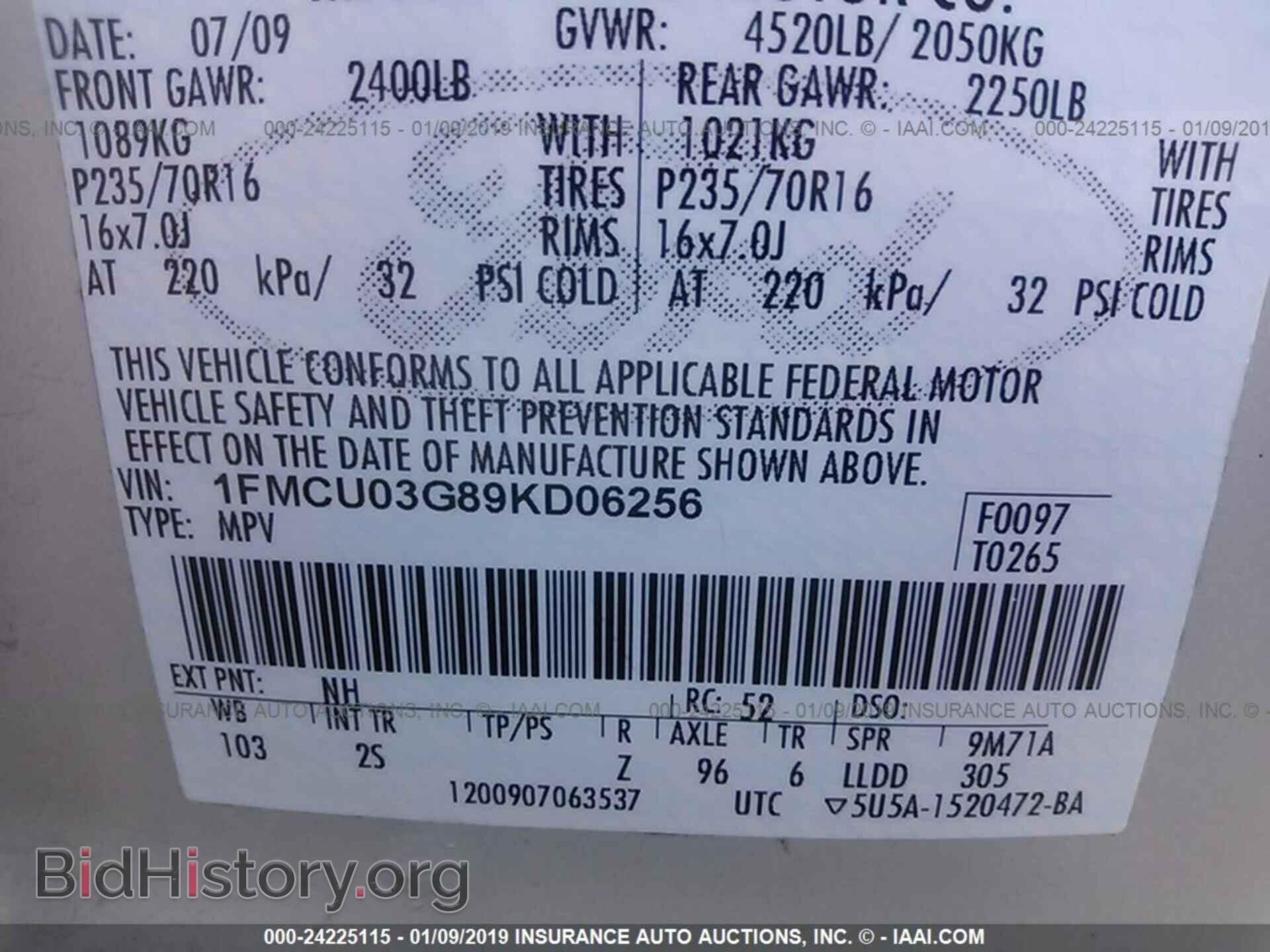 2009 FORD ESCAPE - VIN: 1FMCU03G89KD06256 - Фото 9
