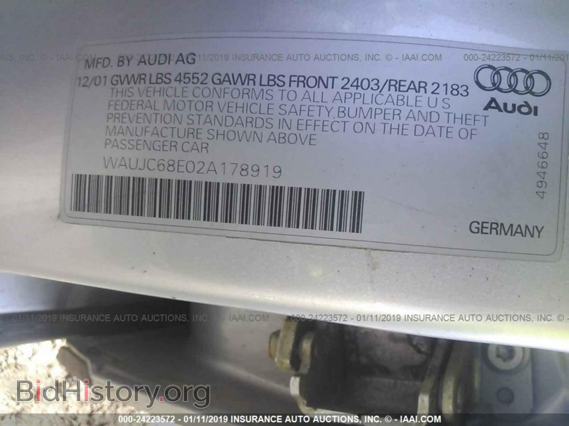 2002 AUDI A4 - VIN: WAUJC68E02A178919 - Фото 9