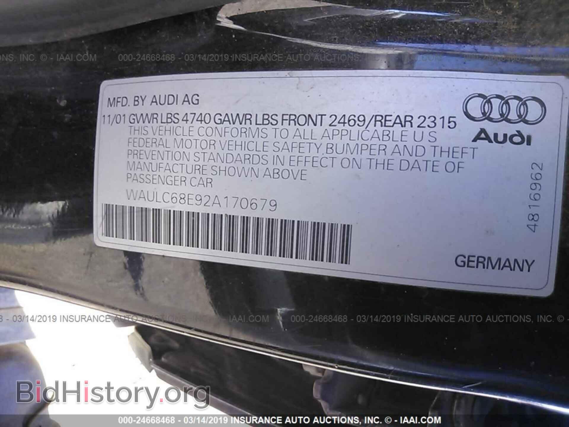 2002 AUDI A4 - VIN: WAULC68E92A170679 - Фото 9