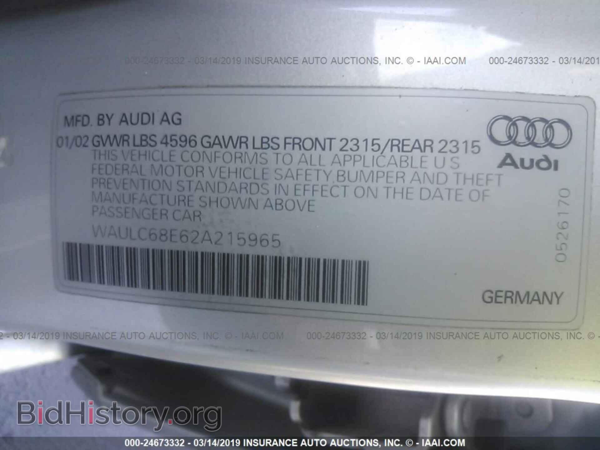 2002 AUDI A4 - VIN: WAULC68E62A215965 - Фото 9