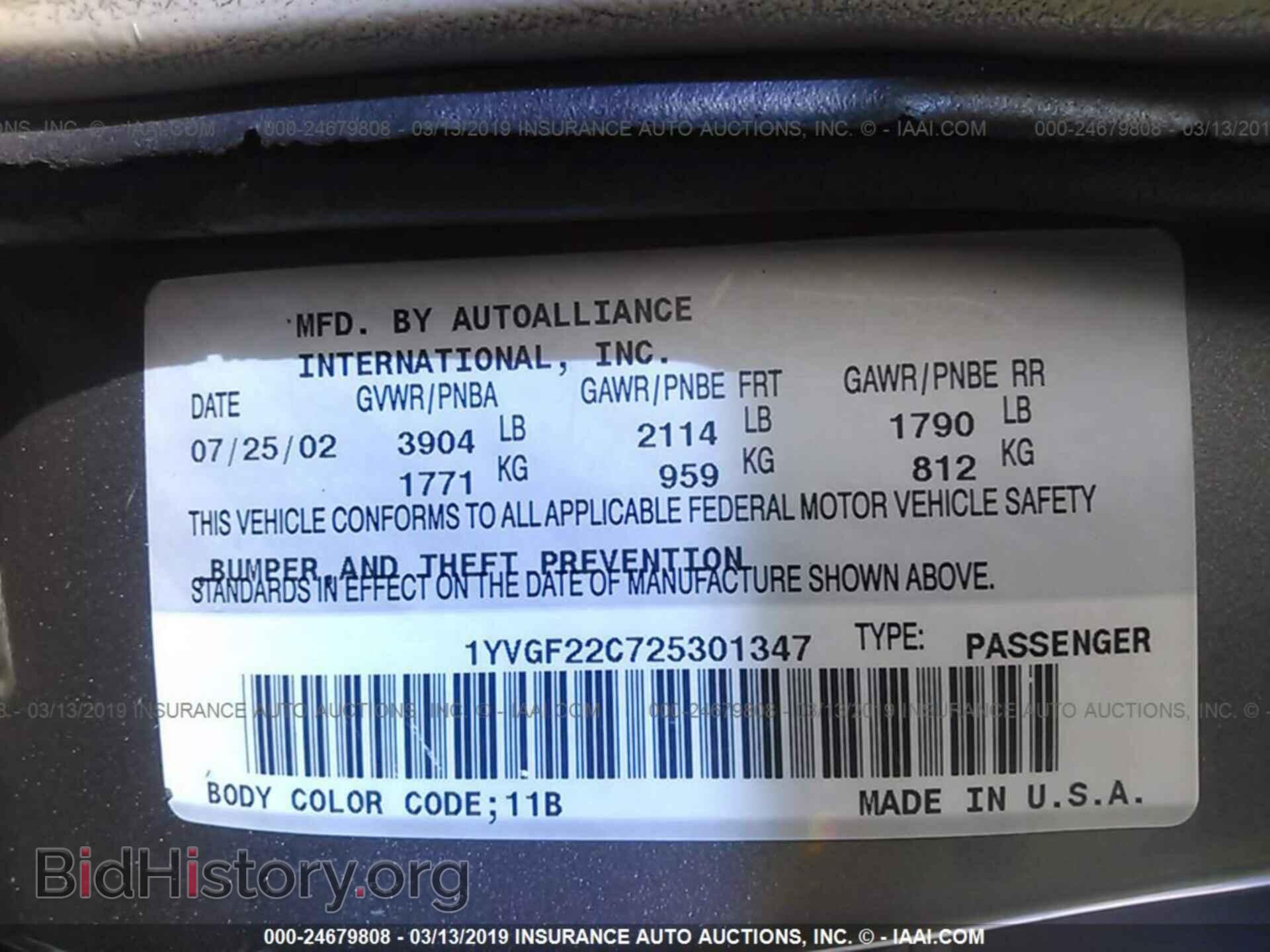 2002 MAZDA 626 - VIN: 1YVGF22C725301347 - Фото 9
