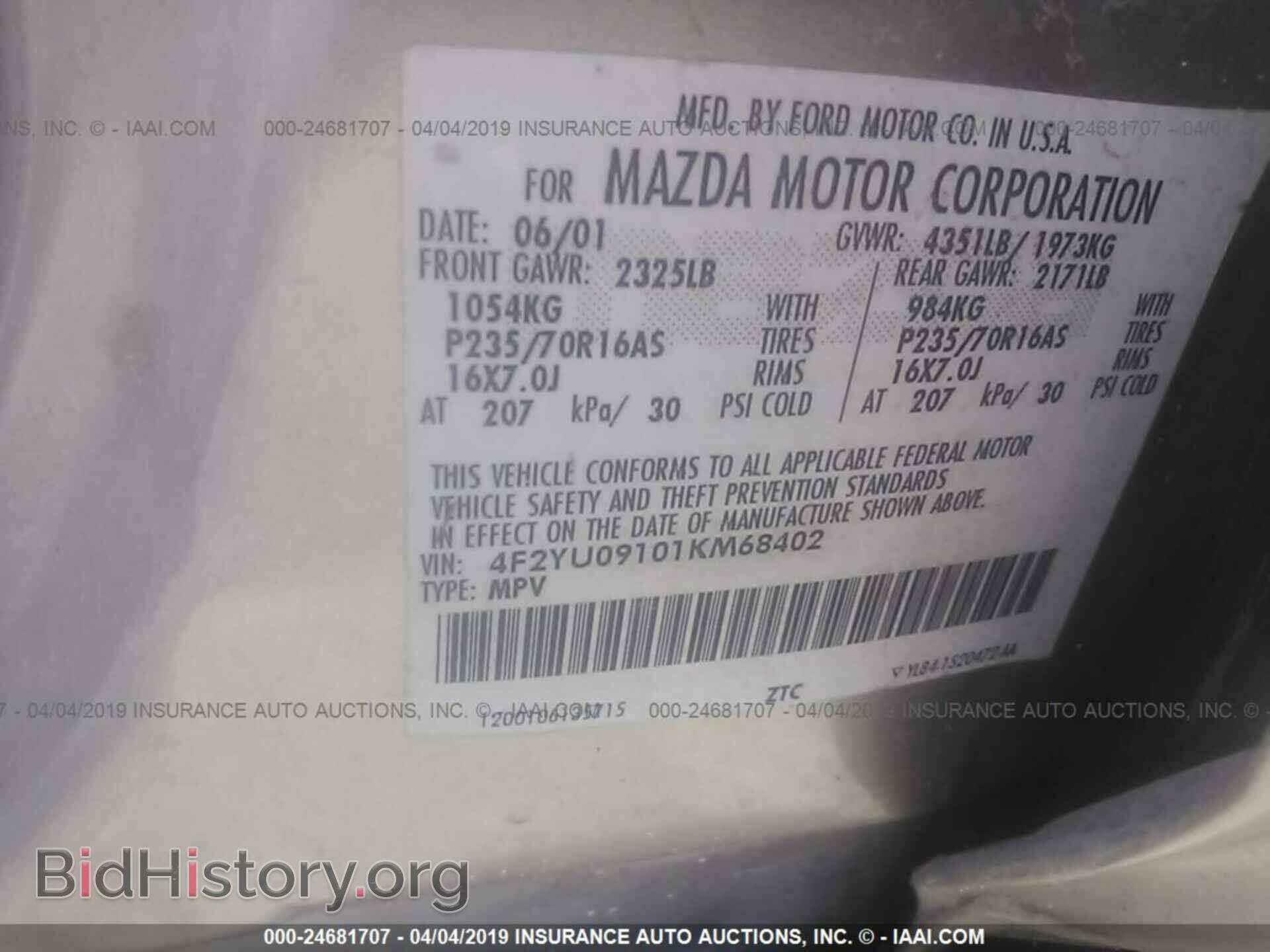2001 MAZDA TRIBUTE - VIN: 4F2YU09101KM68402 - Фото 9