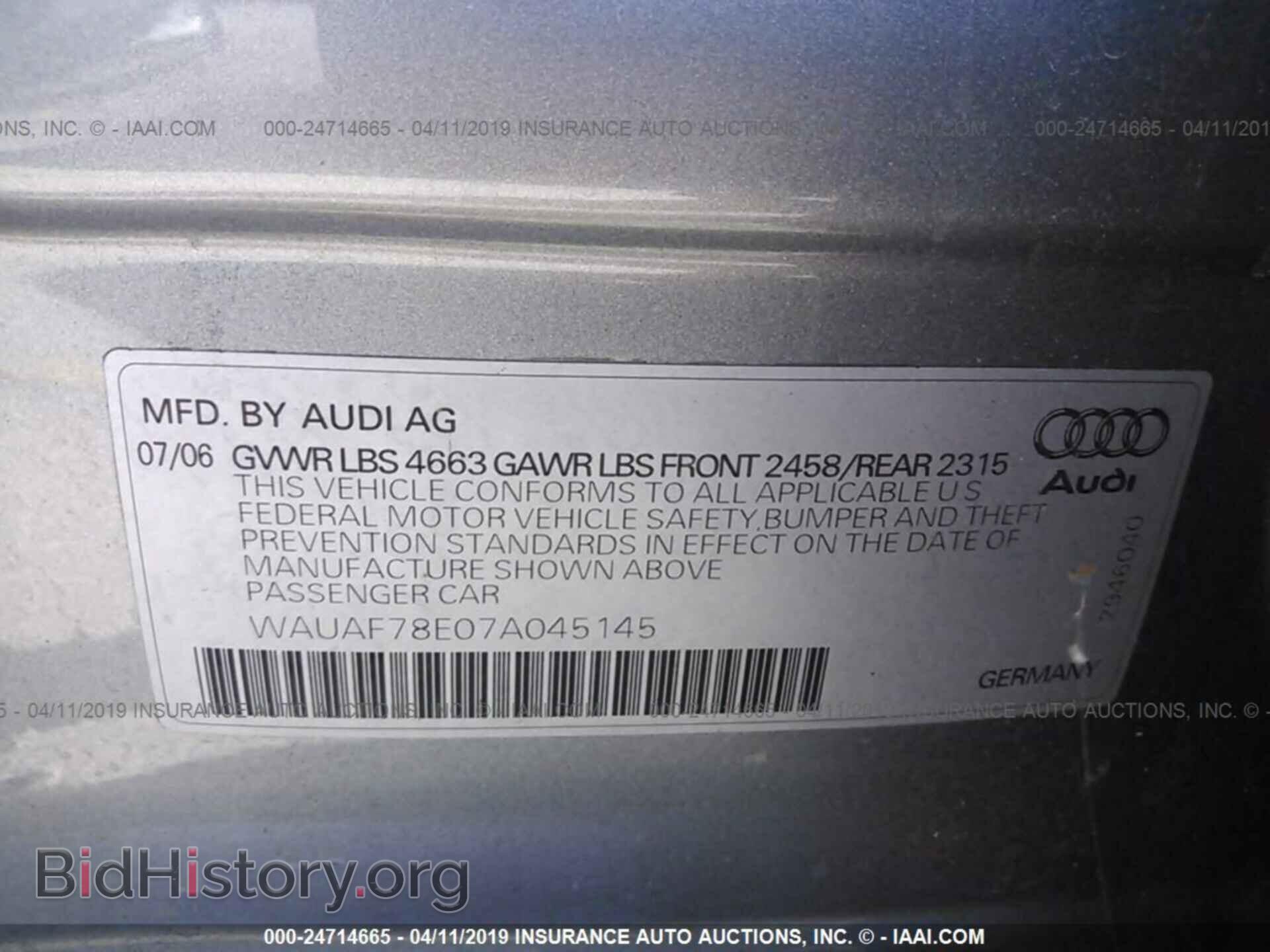 2007 AUDI A4 - VIN: WAUAF78E07A045145 - Фото 9