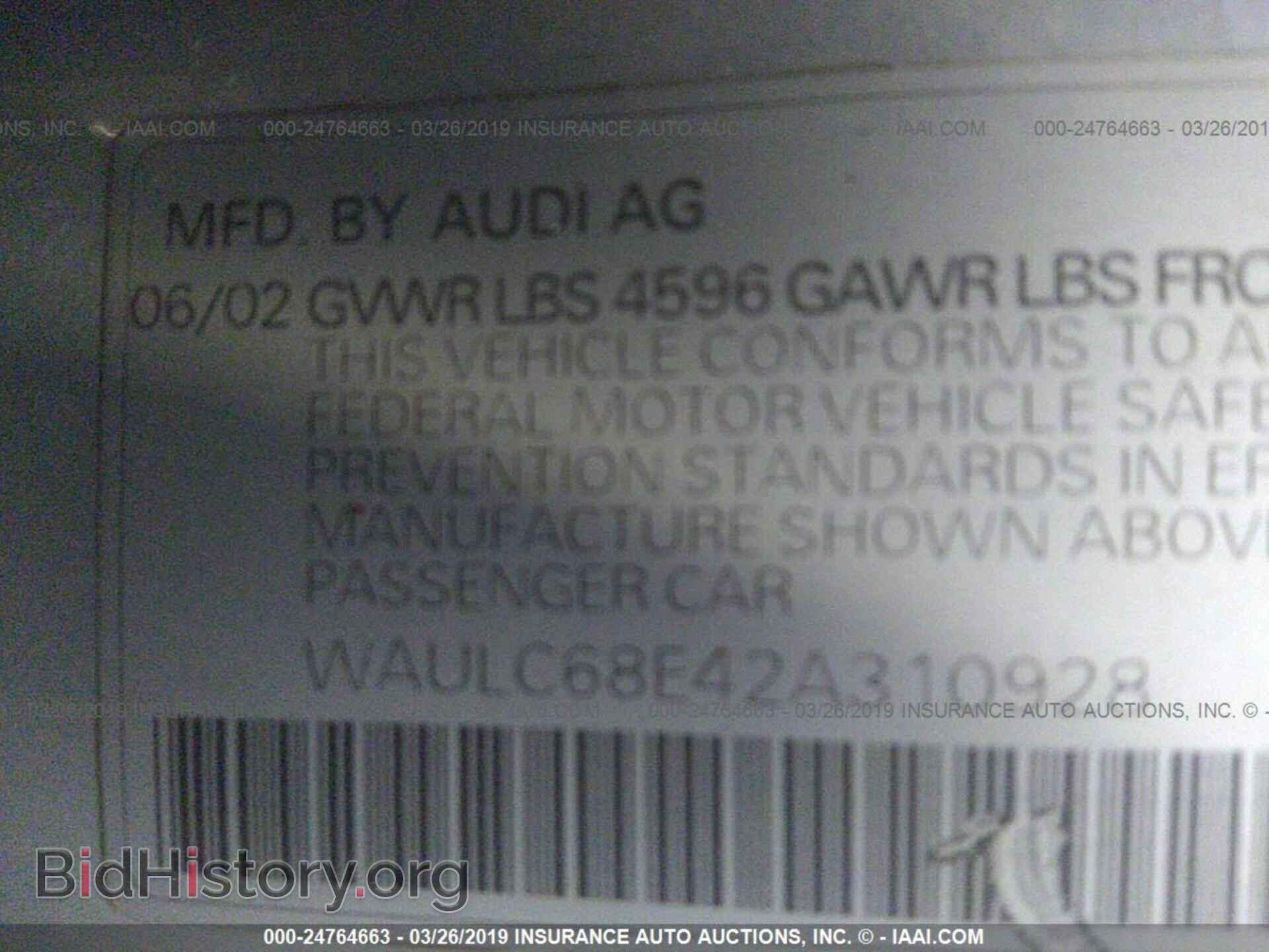 2002 AUDI A4 - VIN: WAULC68E42A310928 - Фото 9