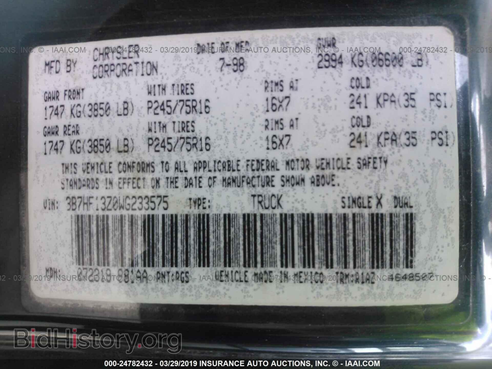1998 DODGE RAM 1500 - VIN: 3B7HF13Z0WG233575 - Фото 9