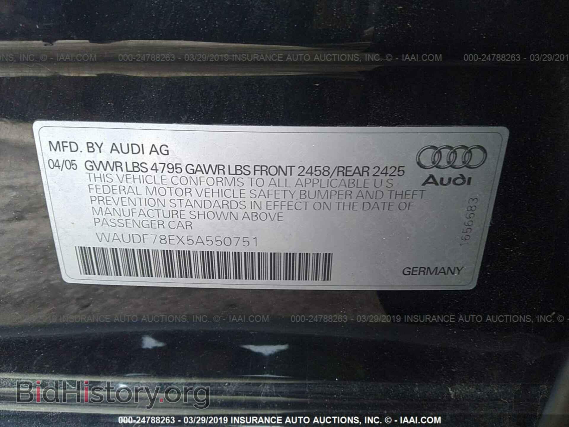 2005 AUDI A4 - VIN: WAUDF78EX5A550751 - Фото 9