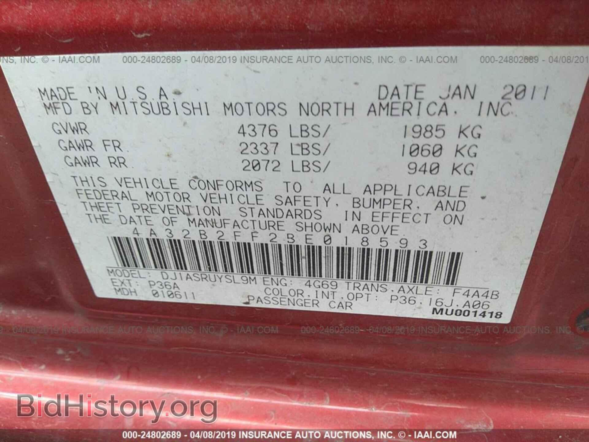 2011 MITSUBISHI GALANT - VIN: 4A32B2FF2BE018593 - Photo 9