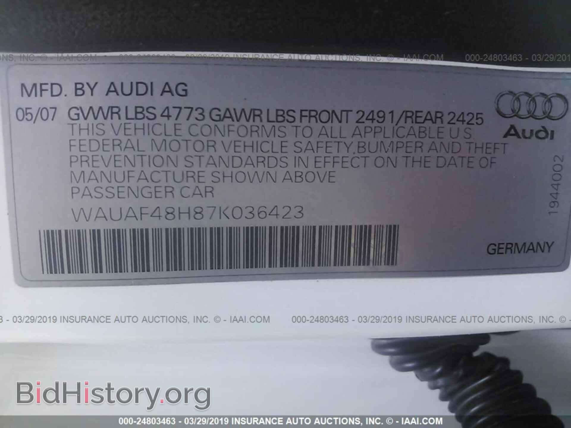 2007 AUDI A4 - VIN: WAUAF48H87K036423 - Фото 9