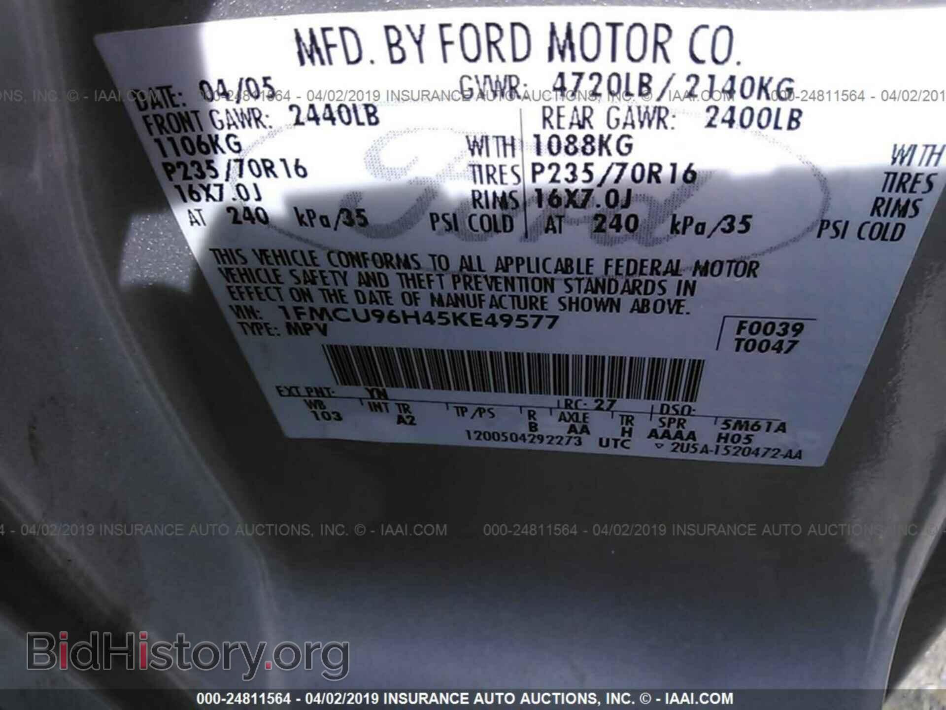 2005 FORD ESCAPE - VIN: 1FMCU96H45KE49577 - Фото 9