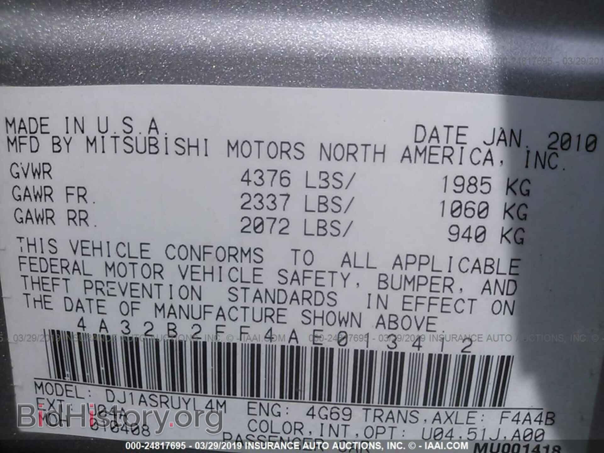 2010 MITSUBISHI GALANT - VIN: 4A32B2FF4AE013412 - Фото 9
