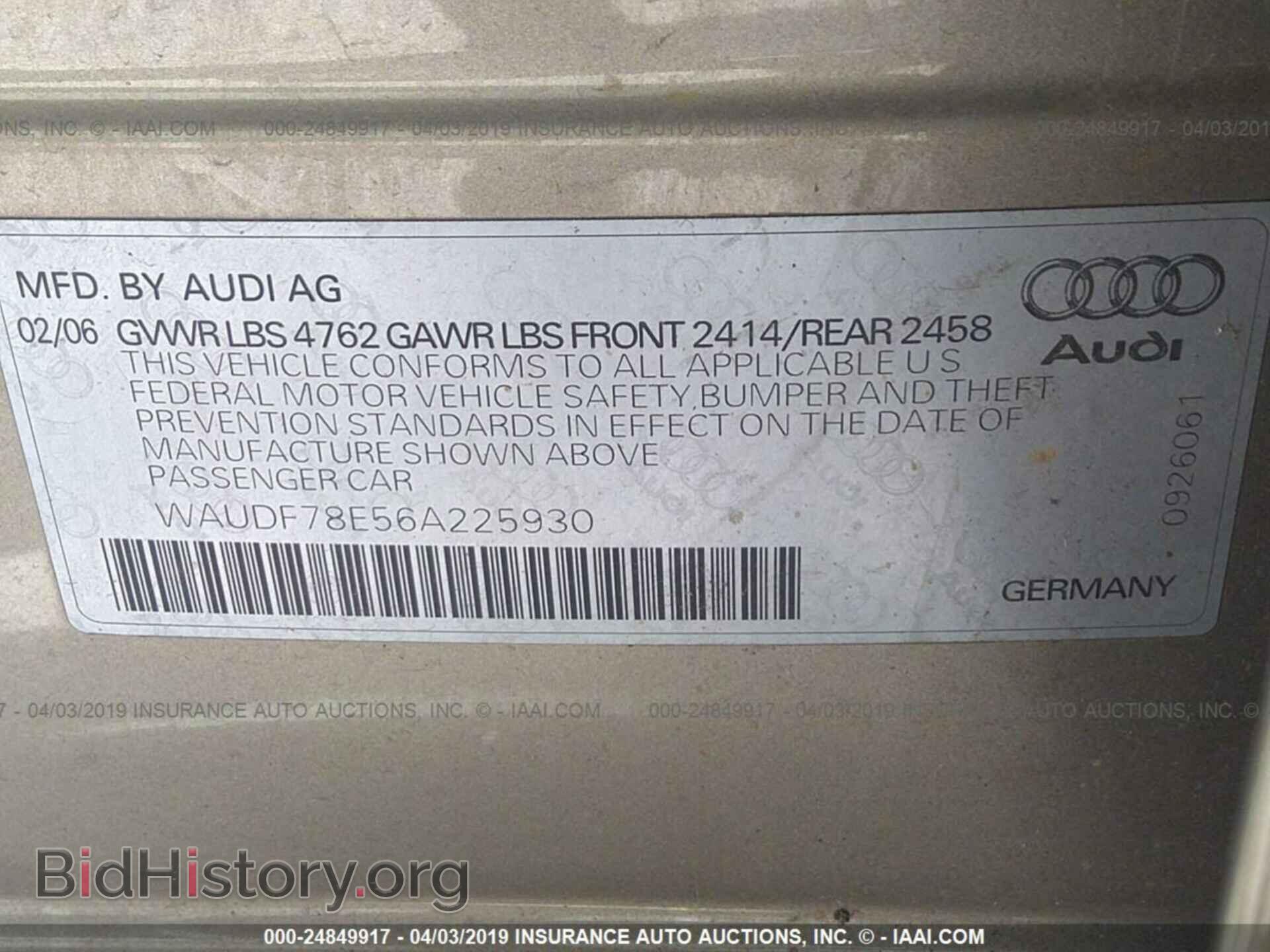 2006 AUDI A4 - VIN: WAUDF78E56A225930 - Фото 9