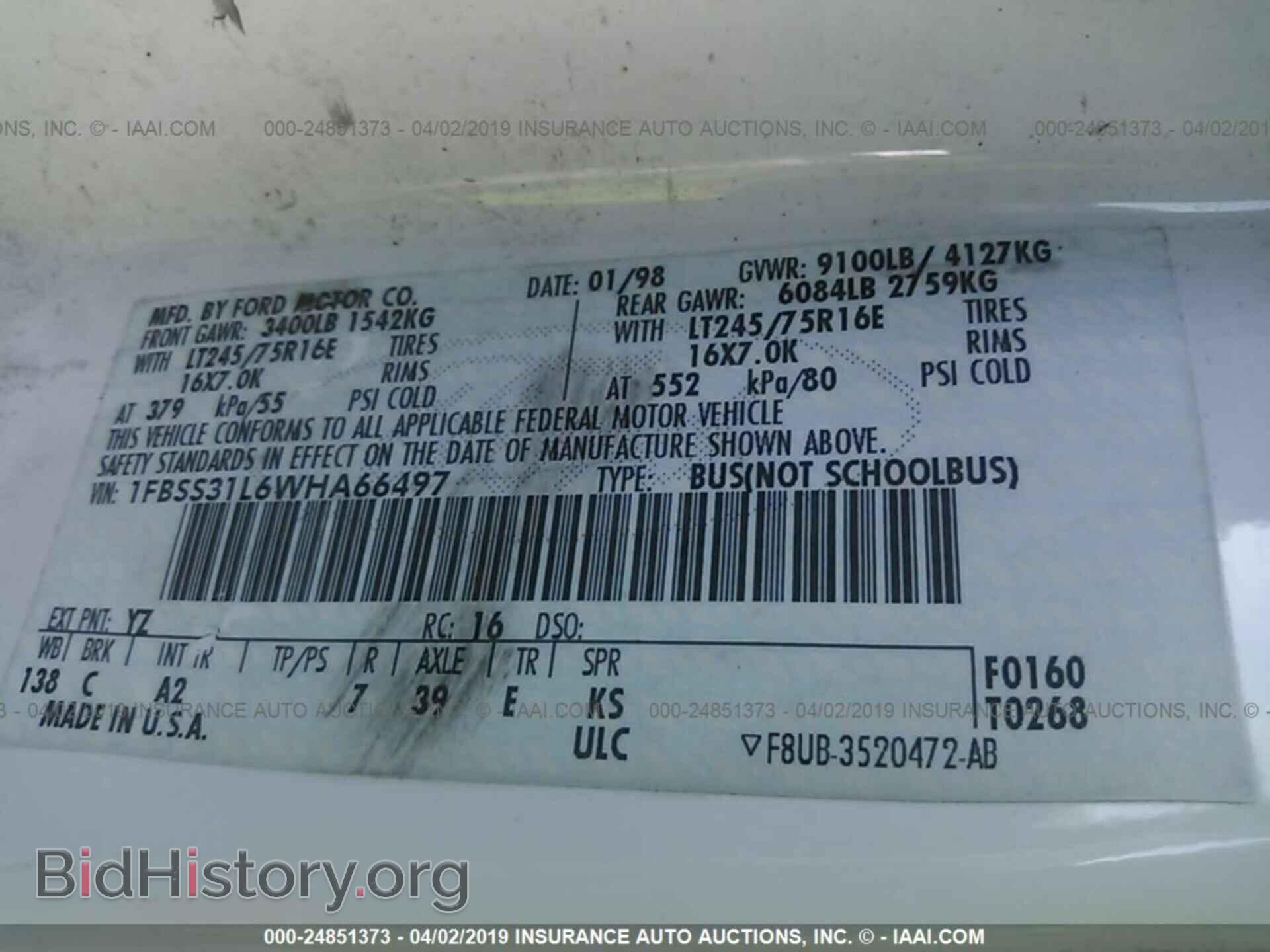 1998 FORD ECONOLINE - VIN: 1FBSS31L6WHA66497 - Фото 9