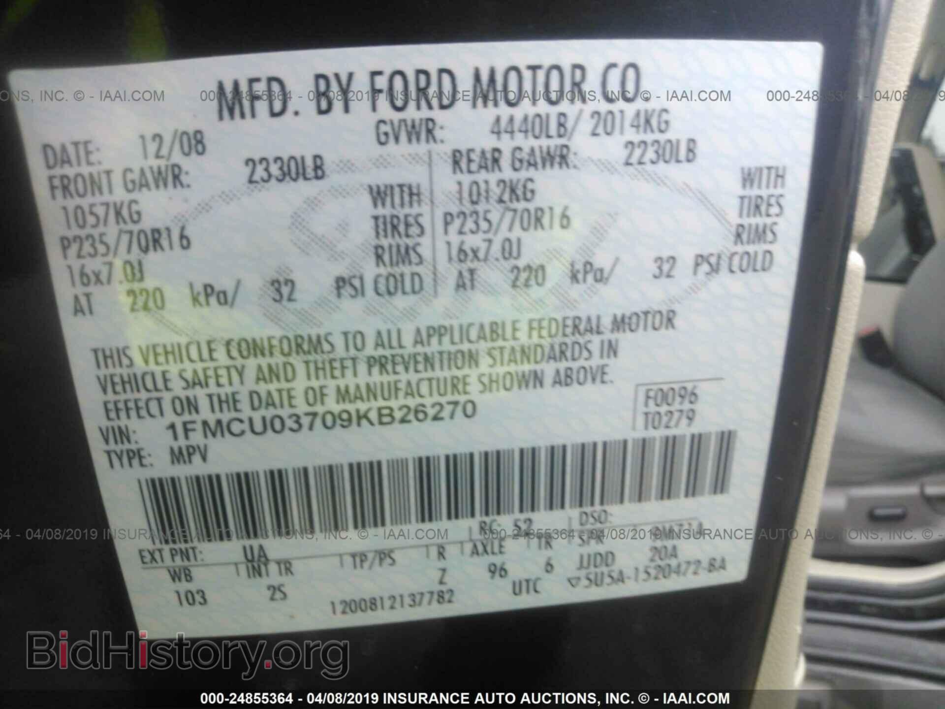 2009 FORD ESCAPE - VIN: 1FMCU03709KB26270 - Фото 9