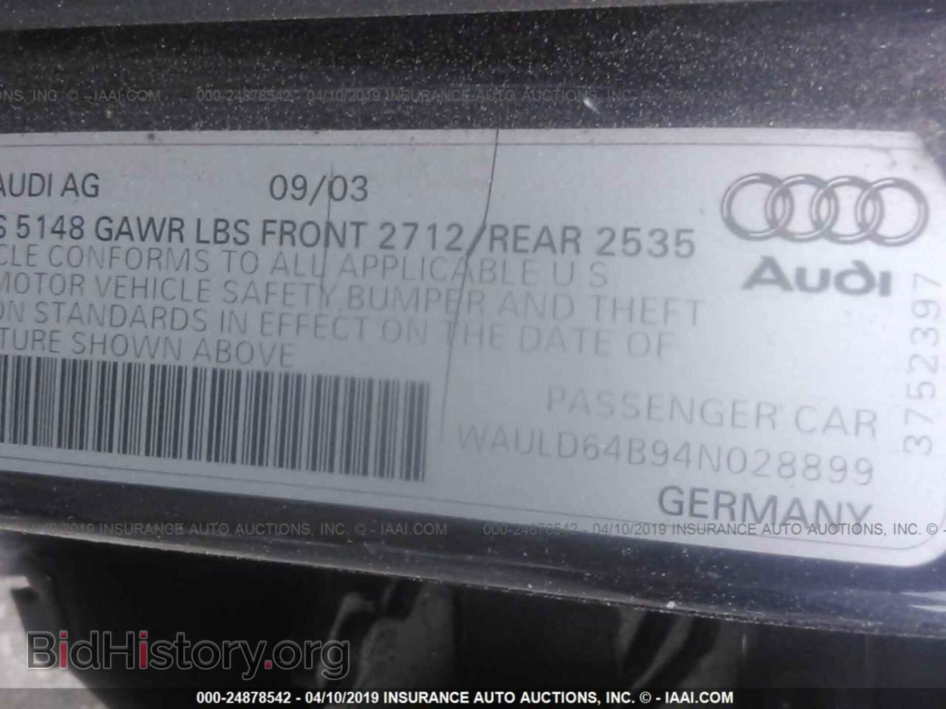 2004 AUDI A6 - VIN: WAULD64B94N028899 - Фото 9