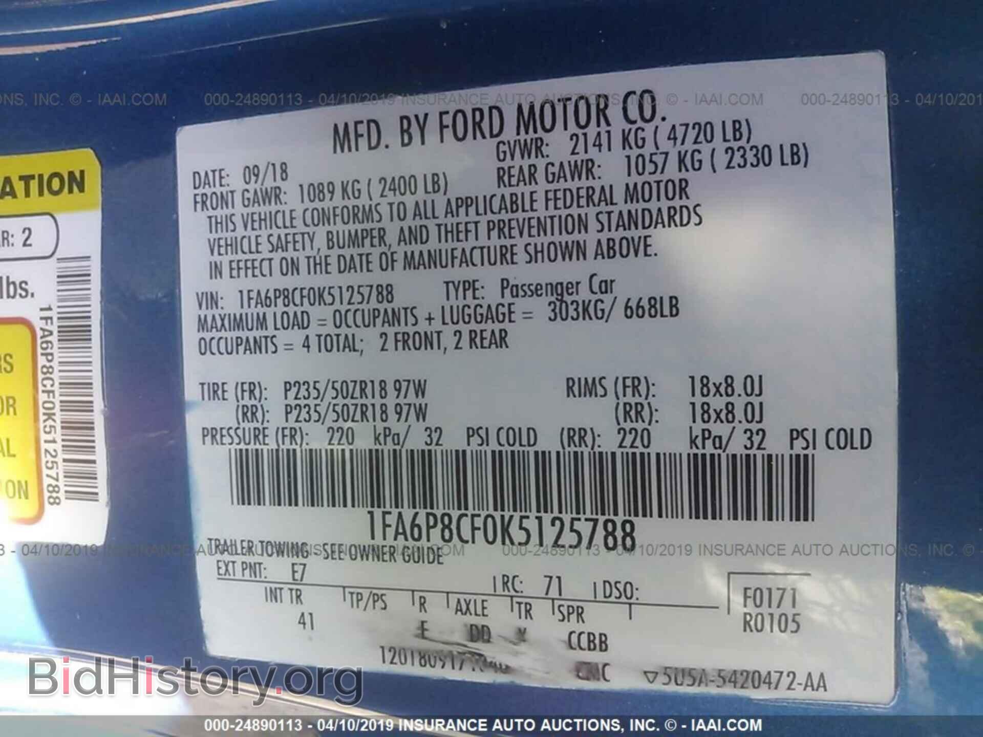 2019 FORD MUSTANG - VIN: 1FA6P8CF0K5125788 - Фото 9