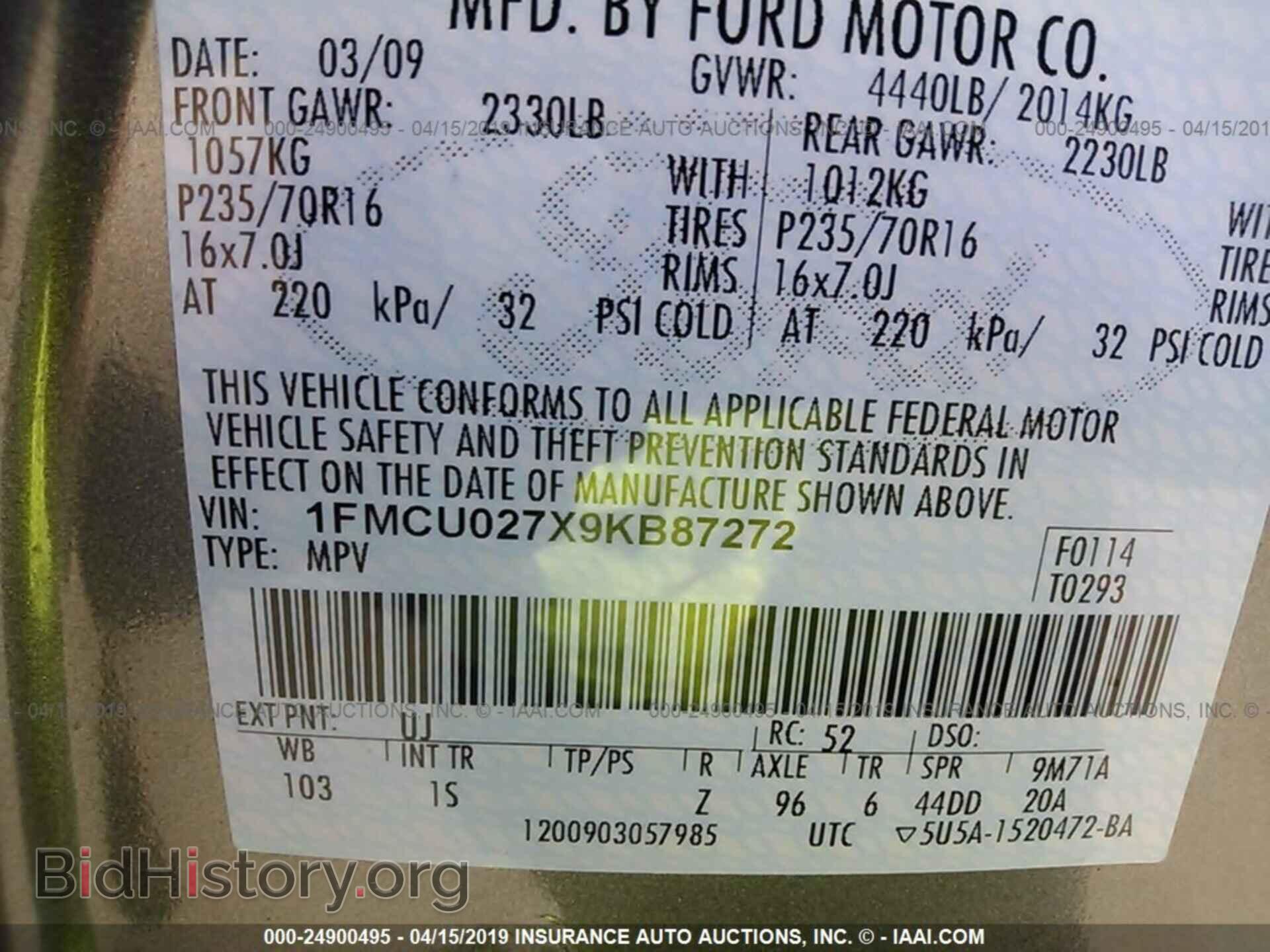 2009 FORD ESCAPE - VIN: 1FMCU027X9KB87272 - Фото 9