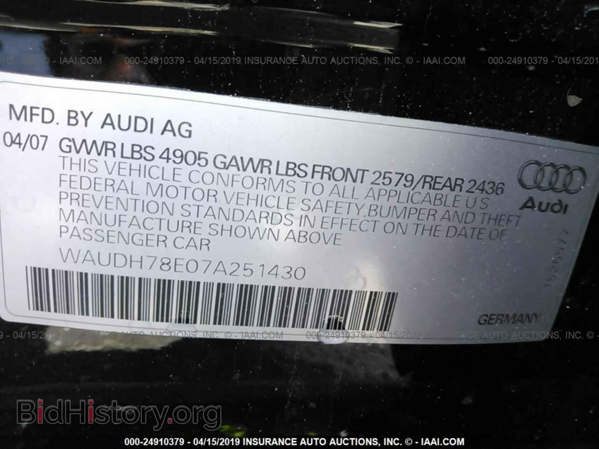2007 AUDI A4 - VIN: WAUDH78E07A251430 - Фото 9