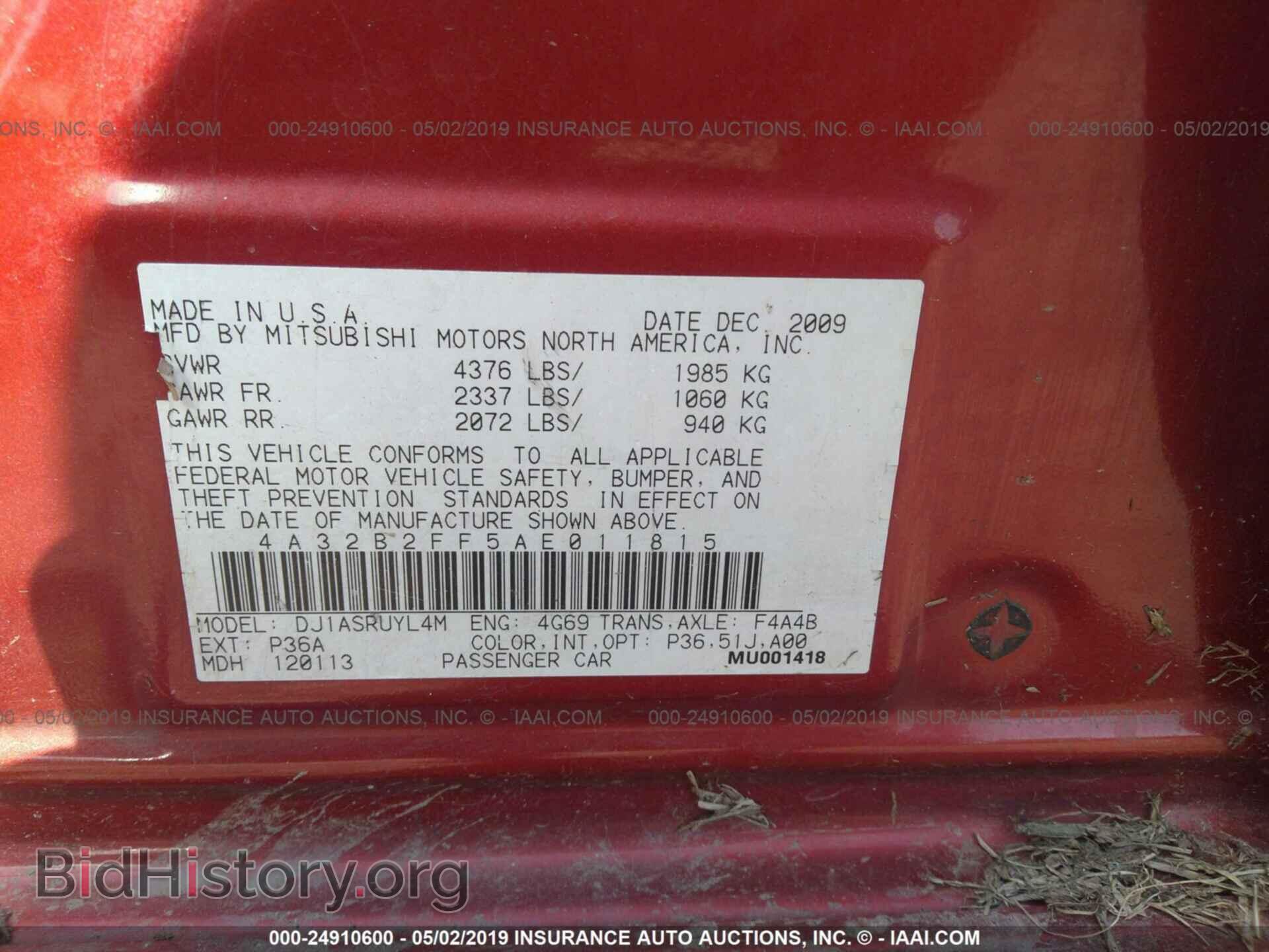 2010 MITSUBISHI GALANT - VIN: 4A32B2FF5AE011815 - Фото 9