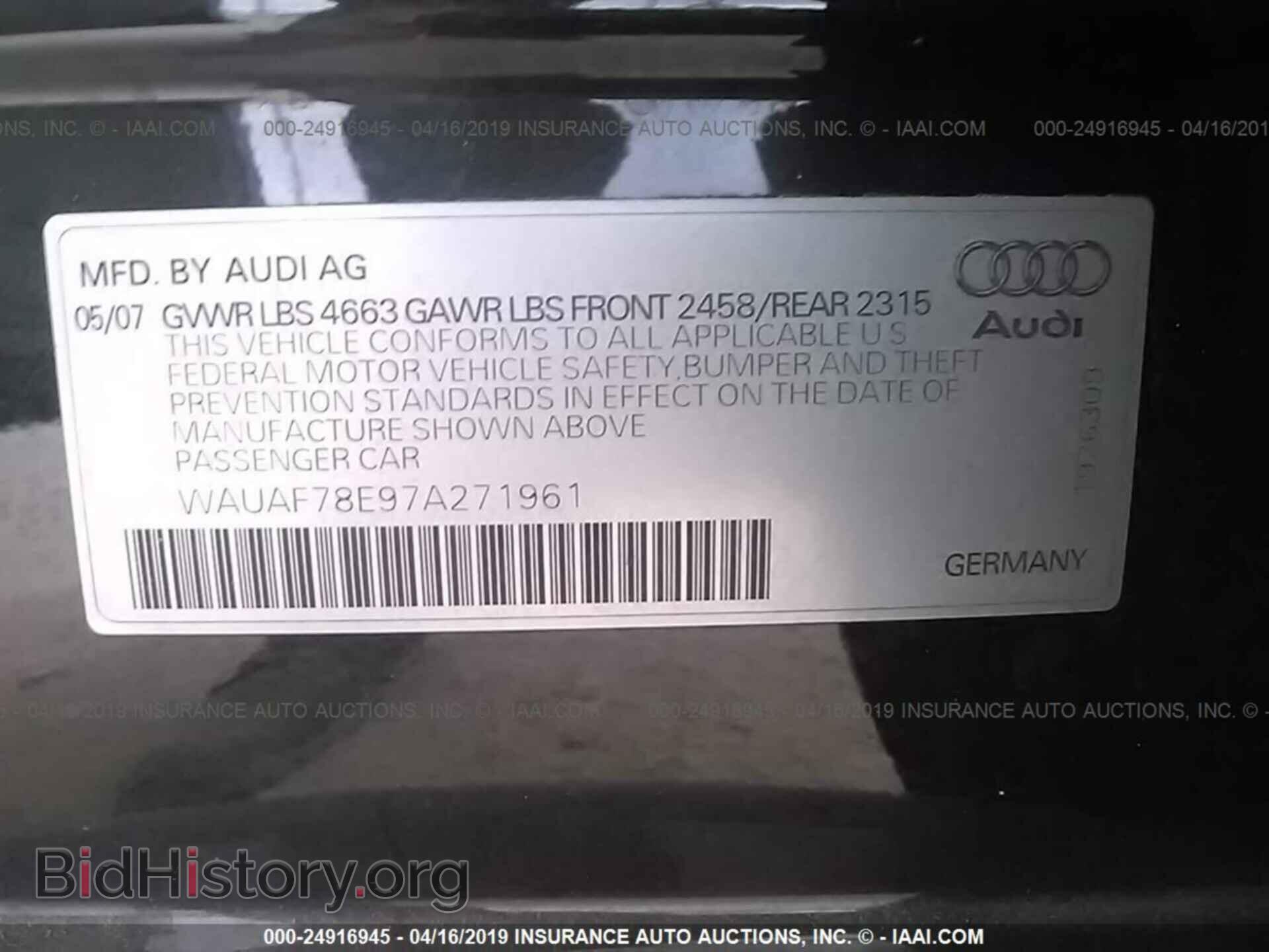 2007 AUDI A4 - VIN: WAUAF78E97A271961 - Фото 9