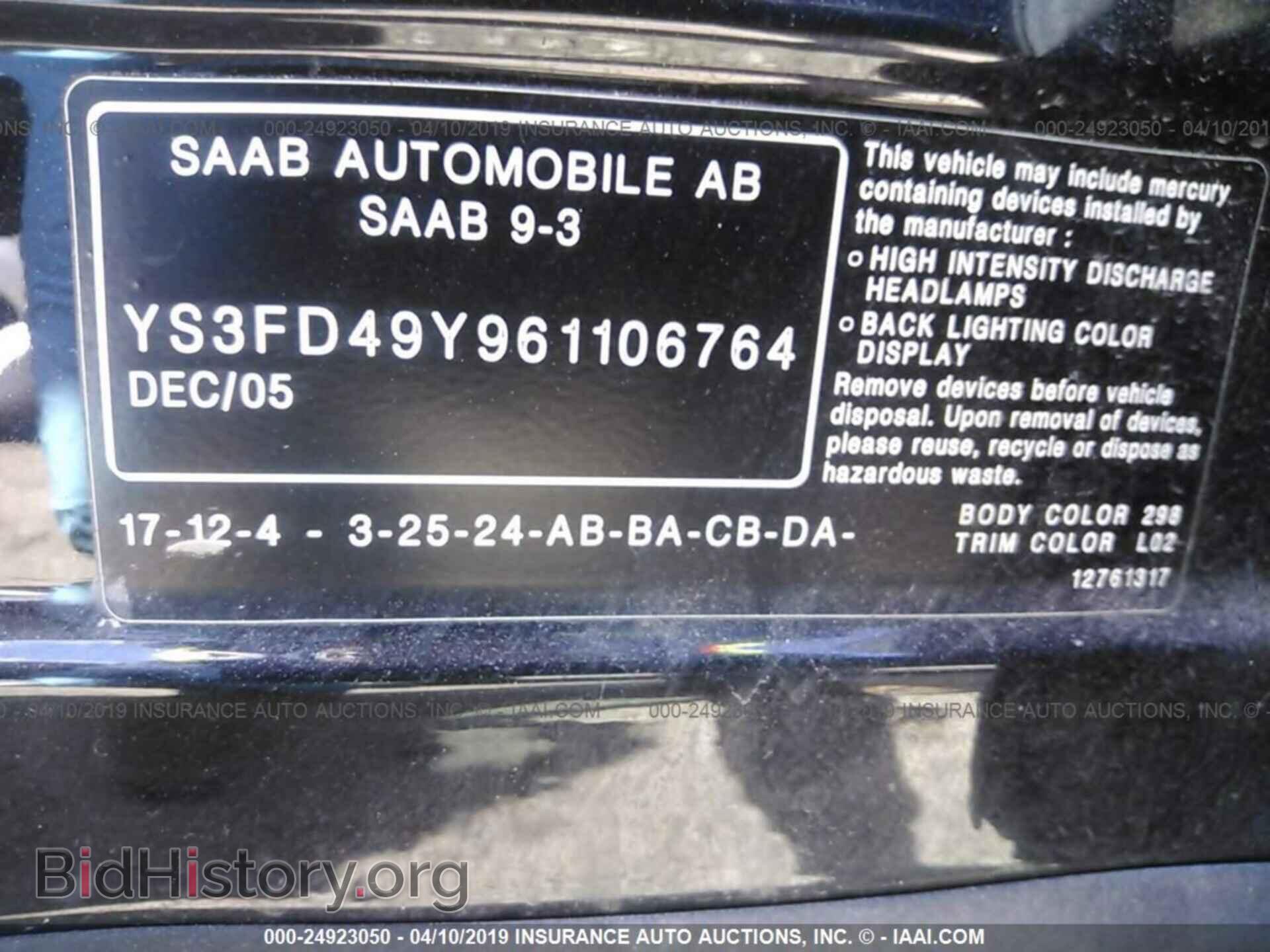 2006 SAAB 9-3 - VIN: YS3FD49Y961106764 - Фото 9