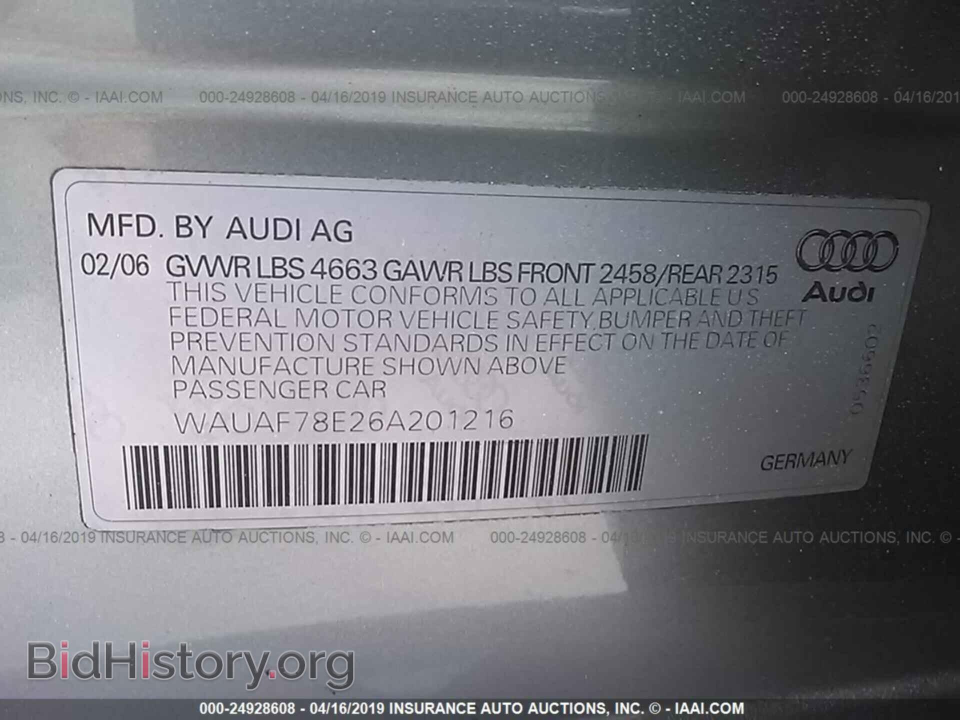 2006 AUDI A4 - VIN: WAUAF78E26A201216 - Фото 9