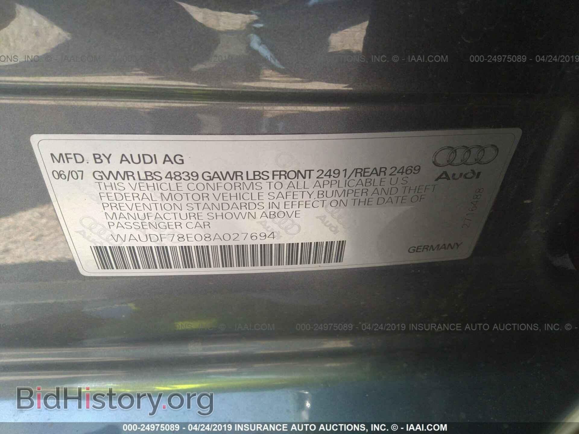 2008 AUDI A4 - VIN: WAUDF78E08A027694 - Фото 9